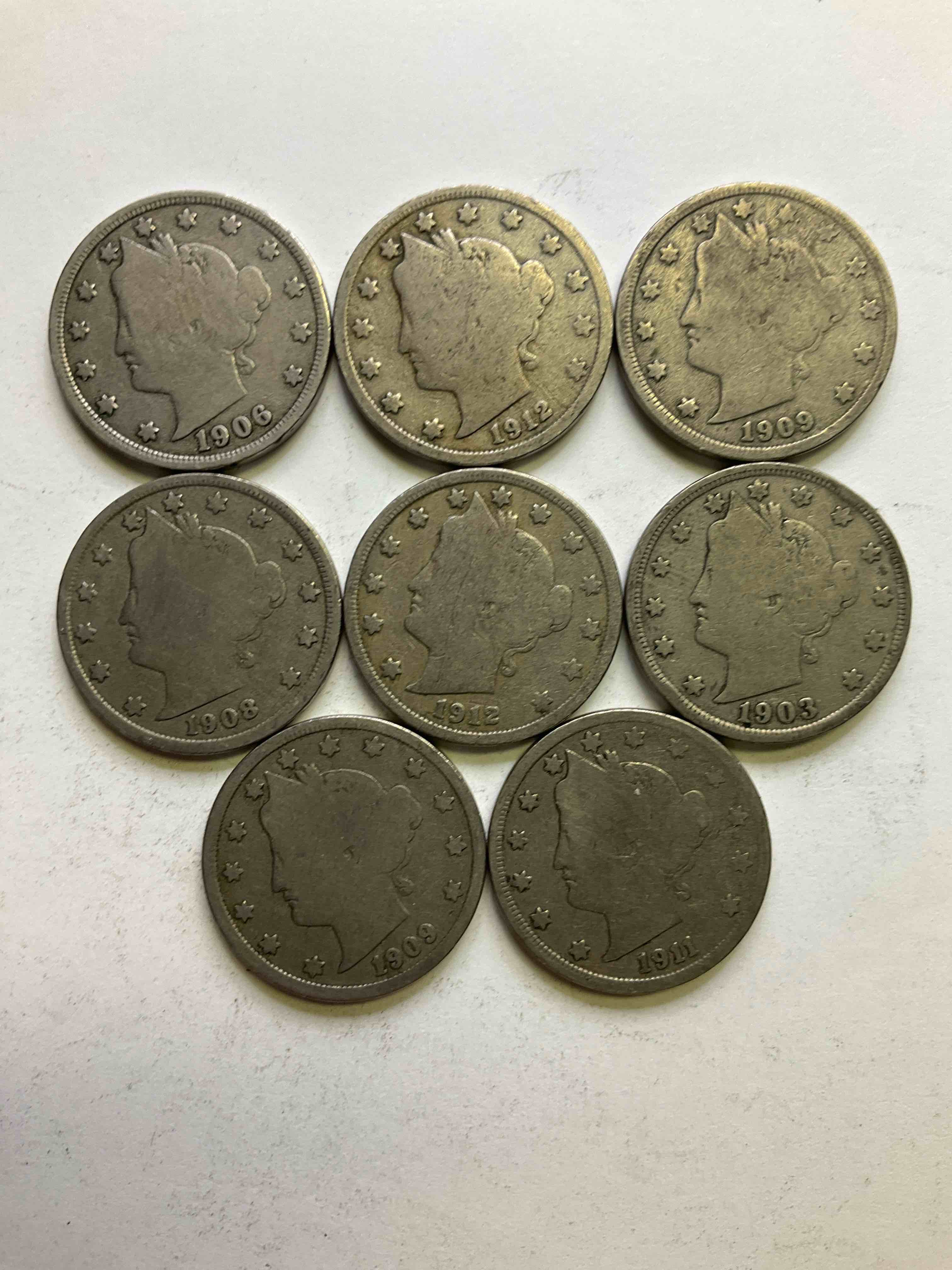 Antique U.S. "V" Nickels, Including 1912 Version, Year Of The Titanic! Think Of The History These Coins Have Seen!, Liberty Head V Nickels Were Minted Up Until 1913 & Were The Style Of Nickels Before Buffalo Nickels. Own Some Cool Pieces Of History! Rare To See These Coins With The "Date On" In Circulated Condition!