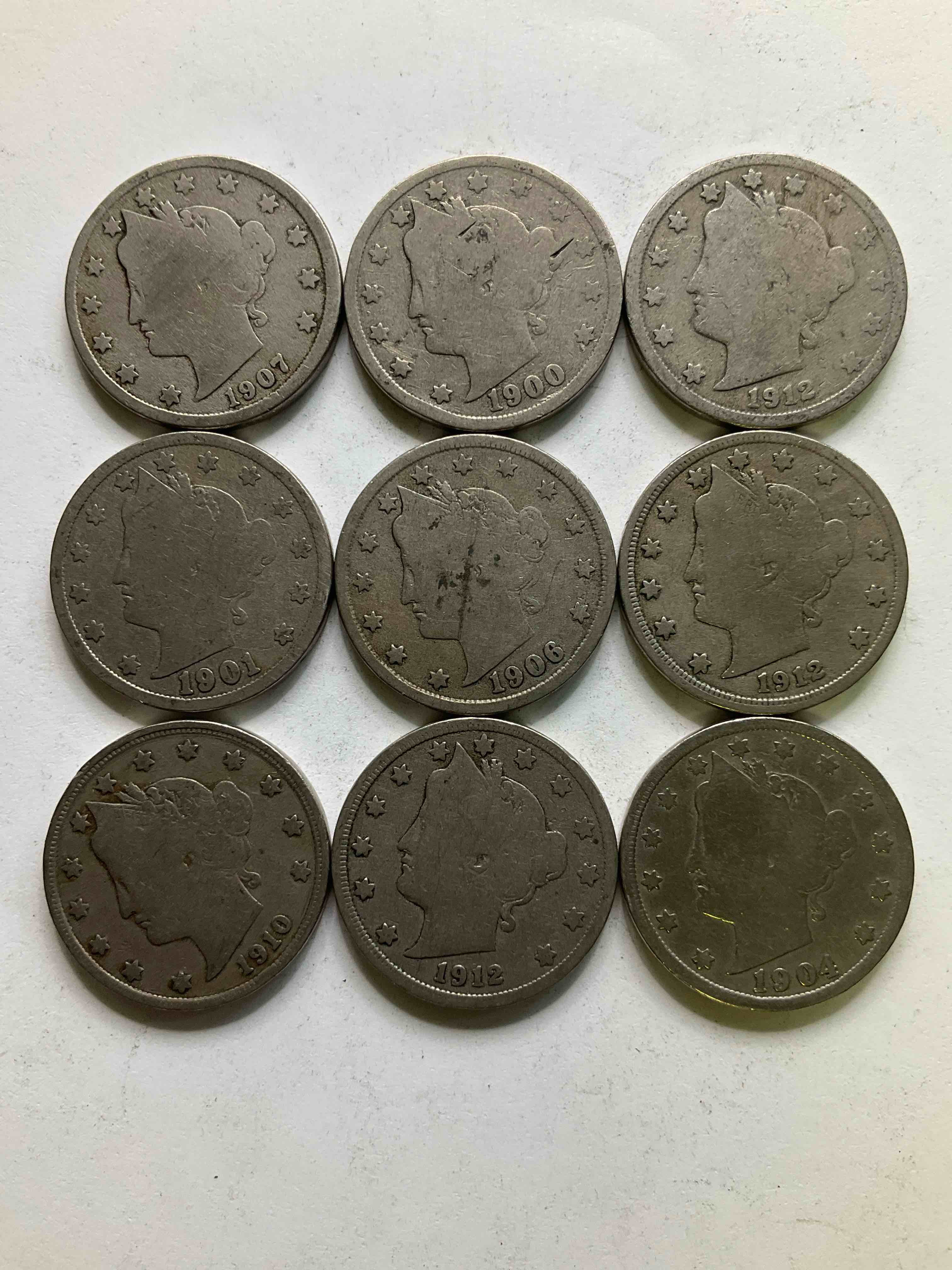 Antique U.S. "V" Nickels, Including 1912 Version, Year Of The Titanic! Think Of The History These Coins Have Seen!, Liberty Head V Nickels Were Minted Up Until 1913 & Were The Style Of Nickels Before Buffalo Nickels. Own Some Cool Pieces Of History! Rare To See These Coins With The "Date On" In Circulated Condition!