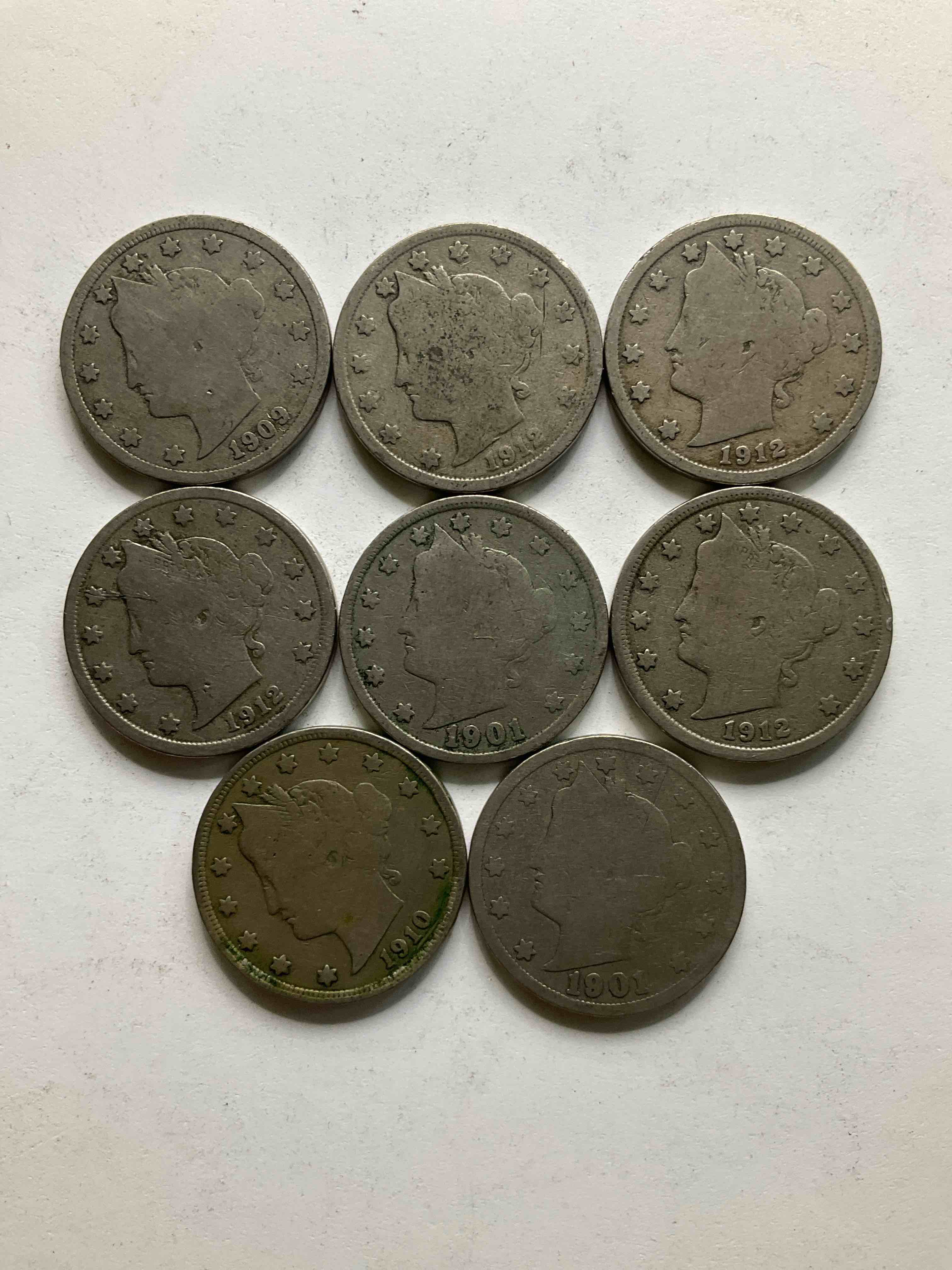Antique U.S. "V" Nickels, Including 1912 Version, Year Of The Titanic! Think Of The History These Coins Have Seen!, Liberty Head V Nickels Were Minted Up Until 1913 & Were The Style Of Nickels Before Buffalo Nickels. Own Some Cool Pieces Of History! Rare To See These Coins With The "Date On" In Circulated Condition!