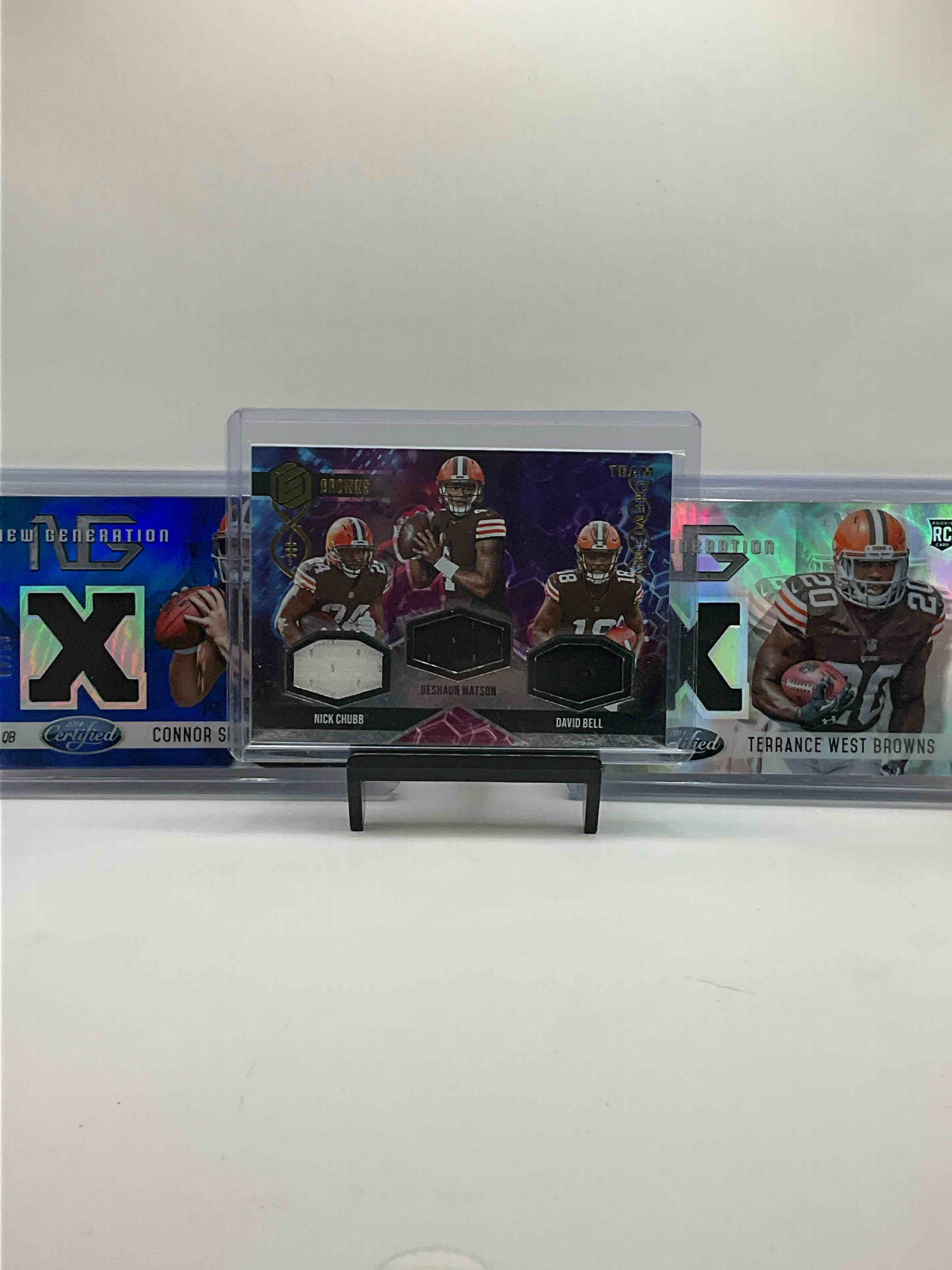 Browns Bonanza! Triple Patch Nick Chubb Deshaun Watson, David Bell Elements Card /75, Connor Shaw & Terrence West NEXT GEN Event Worn X Jersey Rookie Cards! 2014 Certified! One /599 & One /99! Insane Combo! Along With Browns Commons & Legends! Nick Chubb, Ozzie Newsome & More! What!? Crazy!