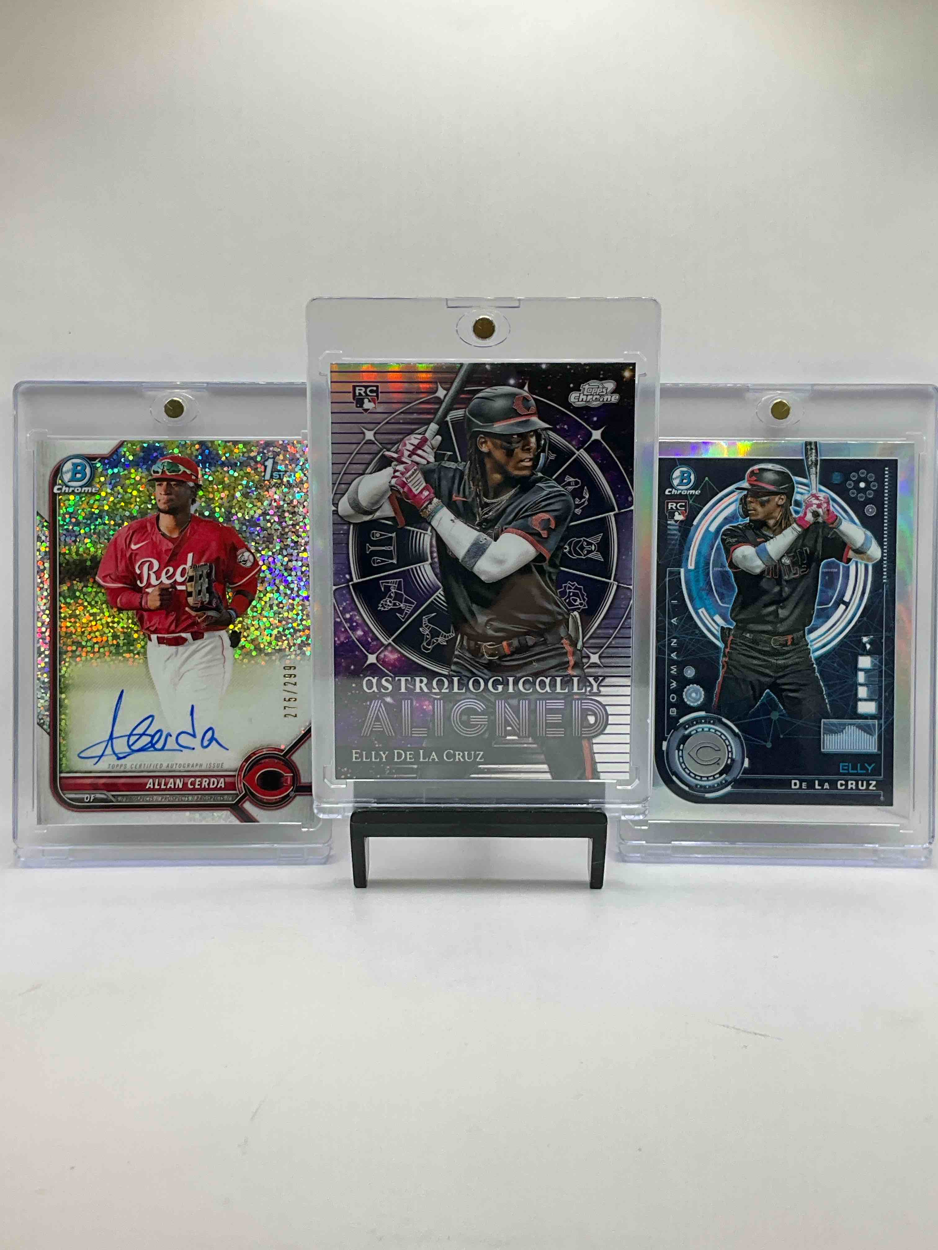 Rare Reds Craziness! Astrologically Aligned Topps Chrome Elly De La Cruz Rookie & Matching Bowman Chrome Rookie, Along With On Card Autograph Allan Cerda /299 Bowman Chrome Sparkle! So Many Reds! Vintage & New 50 Card Reds! 
