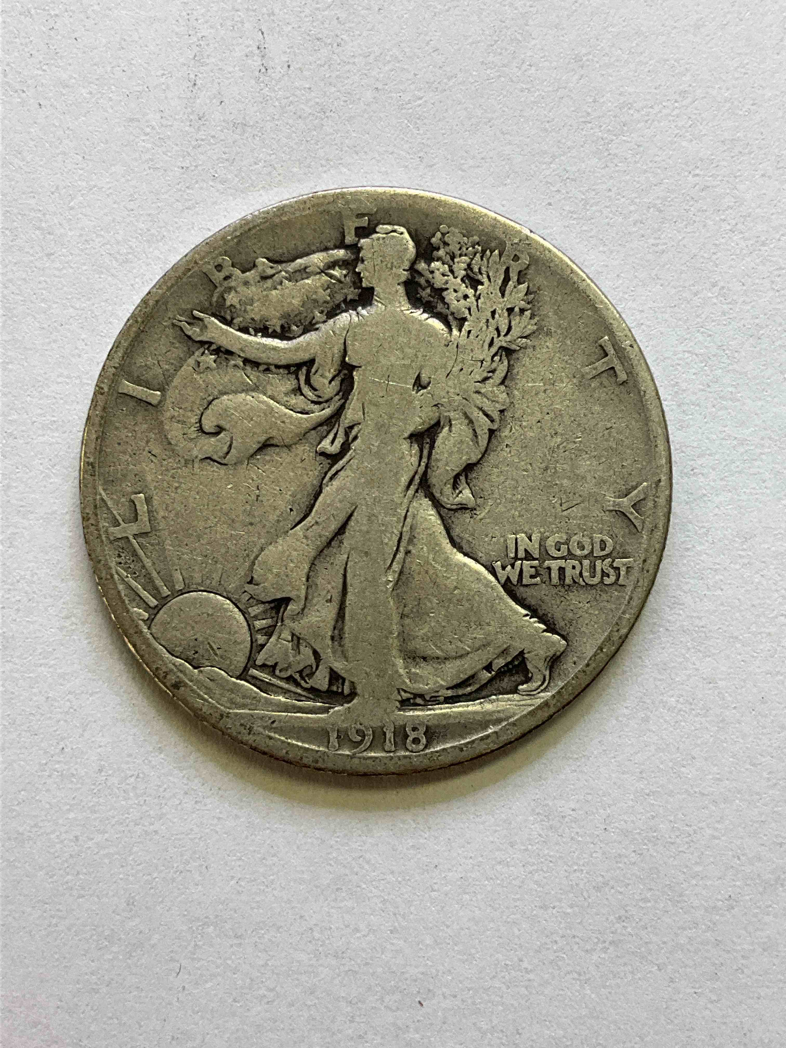 1918 World War One Silver! Armistice! WWI Ended Nov 11, 1918, A Day That Became Known As Armistice Day & Eventually Veterans Day! Up For Auction Is A 1918 U.S. "Liberty Walking" Half Dollar That Is 90% Fine U.S. Silver! Great For WWl Buffs & Folks Who Want To Invest In Fine U.S. Silver!