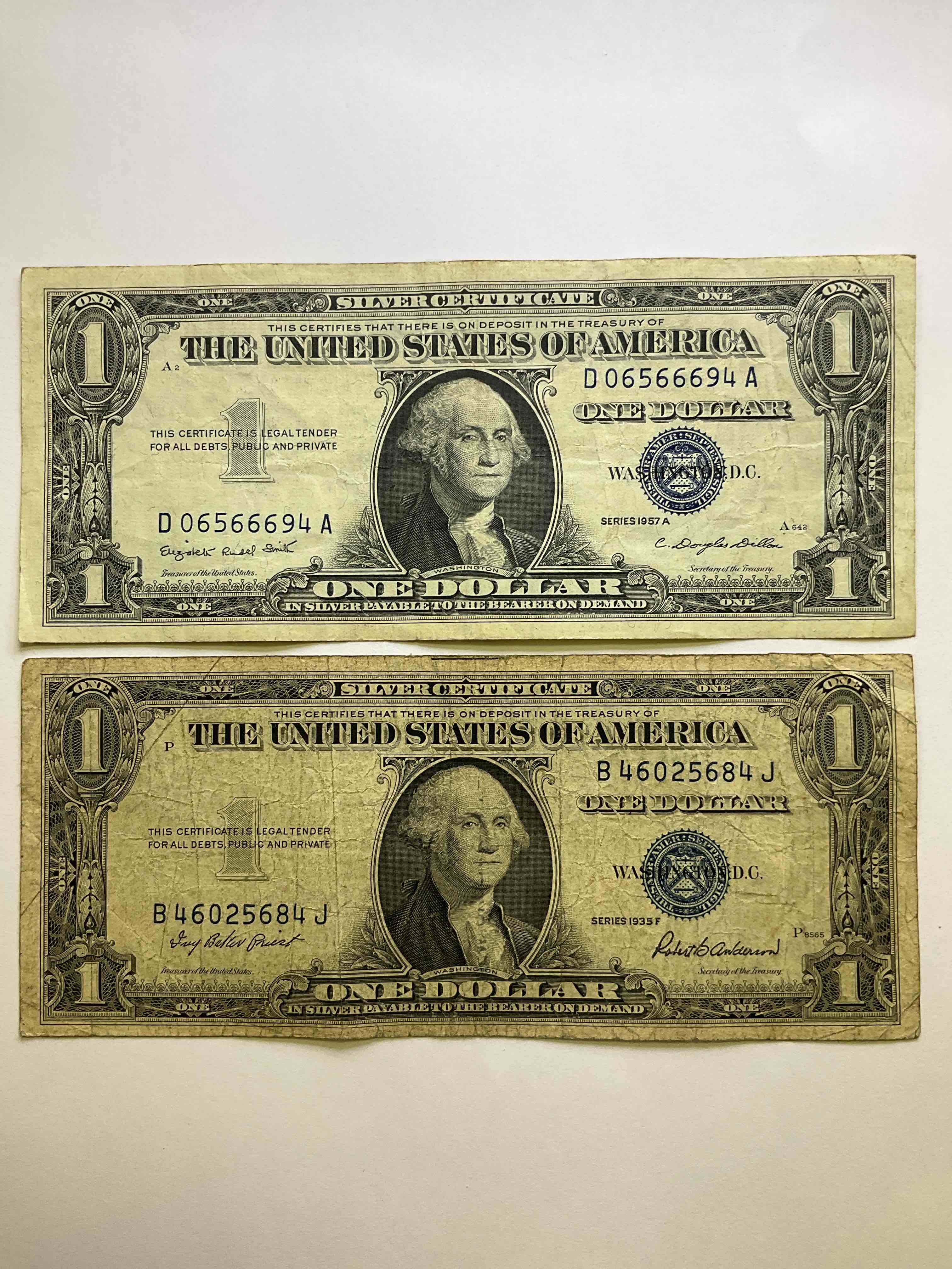 1957 & 1935 Silver Certificates! Did You Know That Prior To 1964 One Dollar U.S. Paper Money Was Actually Redeemable For Silver Dollars?! Wow How Times Have Changed! Silver Certificates Were Produced From 1878 To 1964 & Are Still Considered Legal Tender At Face Value. Here Are Gorgeous, Circulated 1935 & 1957 U.S. One Dollar Silver Certificate, With Highly Collectible "Blue Seal!* Own An Awesome Piece Of History!