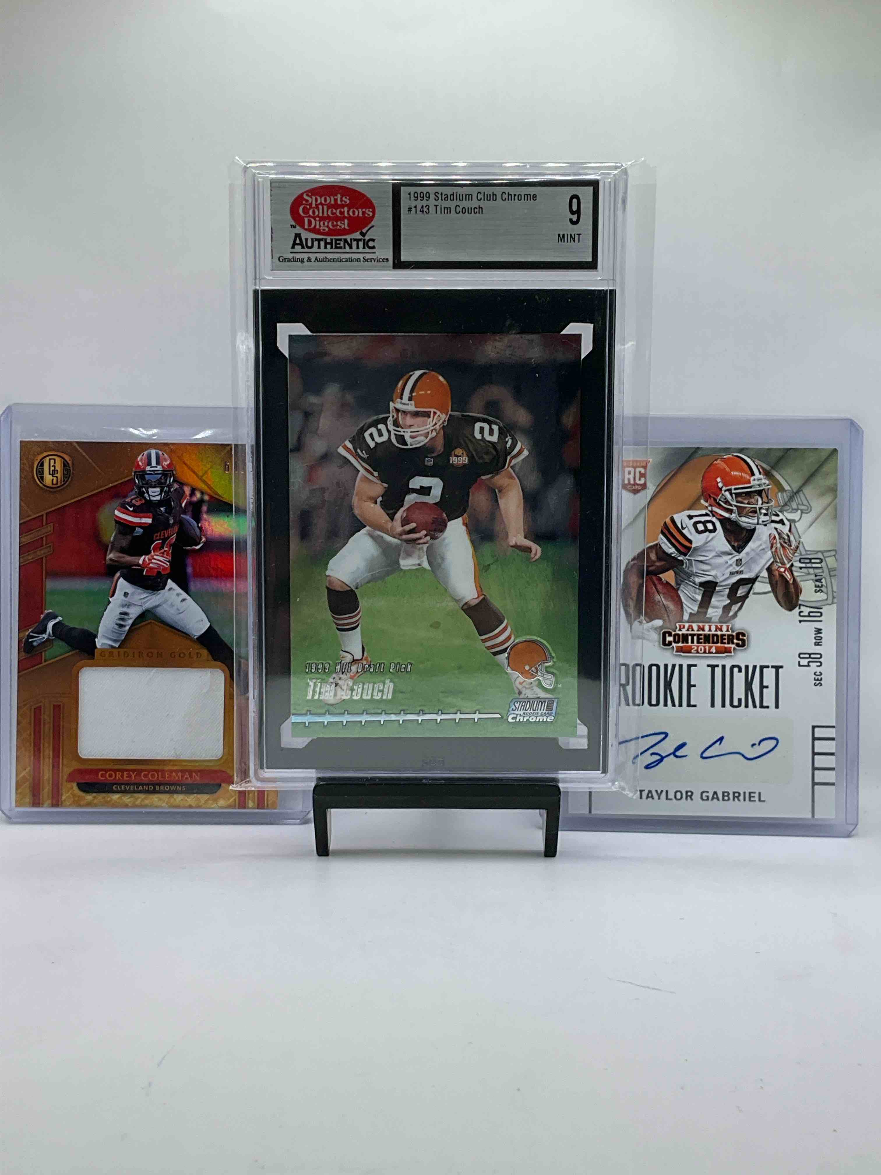 Tim Couch 1999 Mint 9 Rookie Card, Corey Coleman Gold Standard /99 Player Worn Card & Taylor Gabriel Rookie Signature Card! Along With Vintage & New Browns! Legends, Stars, Rookies & More!