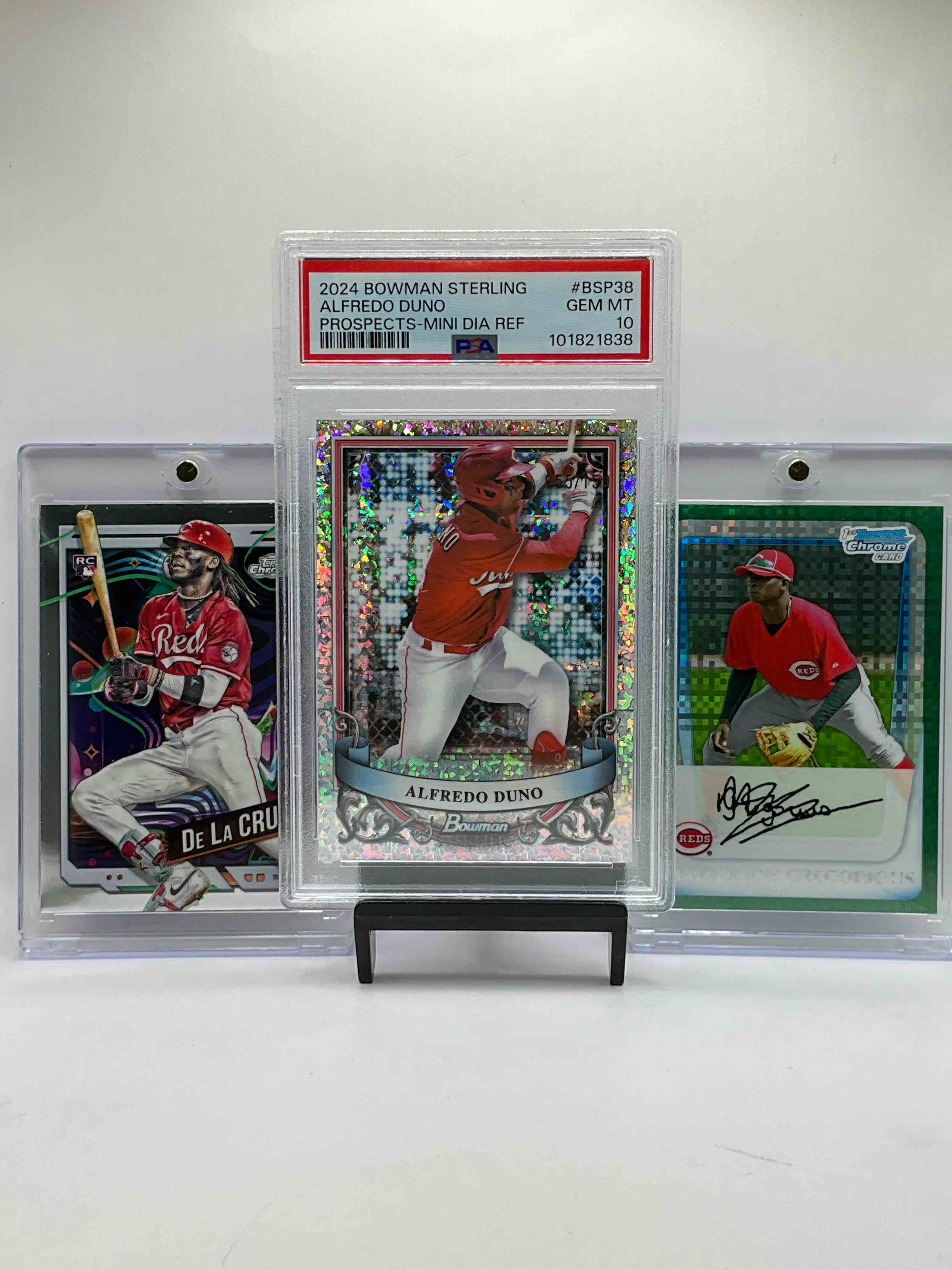 Gem Mint PSA 10 Rare Alfredo Duno Bowman Sterling Refractor Card, Elly De La Cruz Topps Chrome Rookie & Bowman Chrome Mariekson Gregorious Rookie Card On Card Auto! Along With Vintage & New Rookies & Legends! Reds 50 Card Lot!