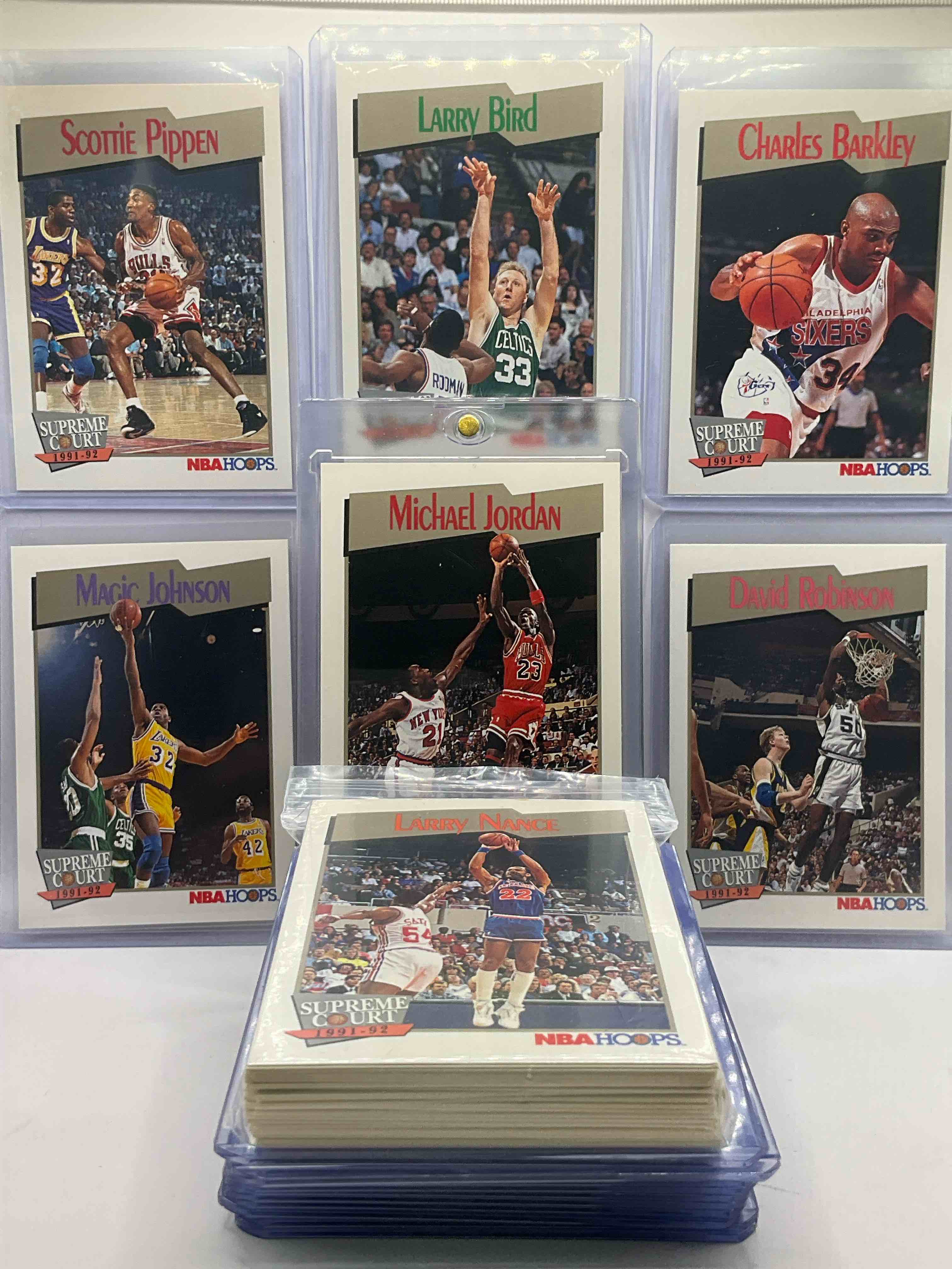 1991/92 NBA Hoops SUPREME COURT EDITION Michael Jordan & More! Holy Grail Basketball! 1991/92 NBA Hoops Basketball Cards! 50 Card Craziness! One Of The Most Coveted Michael Jordan, Larry Bird, Scottie Pippen, Charles Barkley, Karl Malone, Akeem Olajuwon & Clyde Drexler Cards! Along With Other Nice 1991 NBA Basketball Cards! Wilkins & More! These Cards Are Super Rare, Only 5 Years Off From A Jordan Rookie! Awesome Base Cards Combo! Wow! Mixed With A Variety Of Other Cards, Doesn’t Get Better Than This!