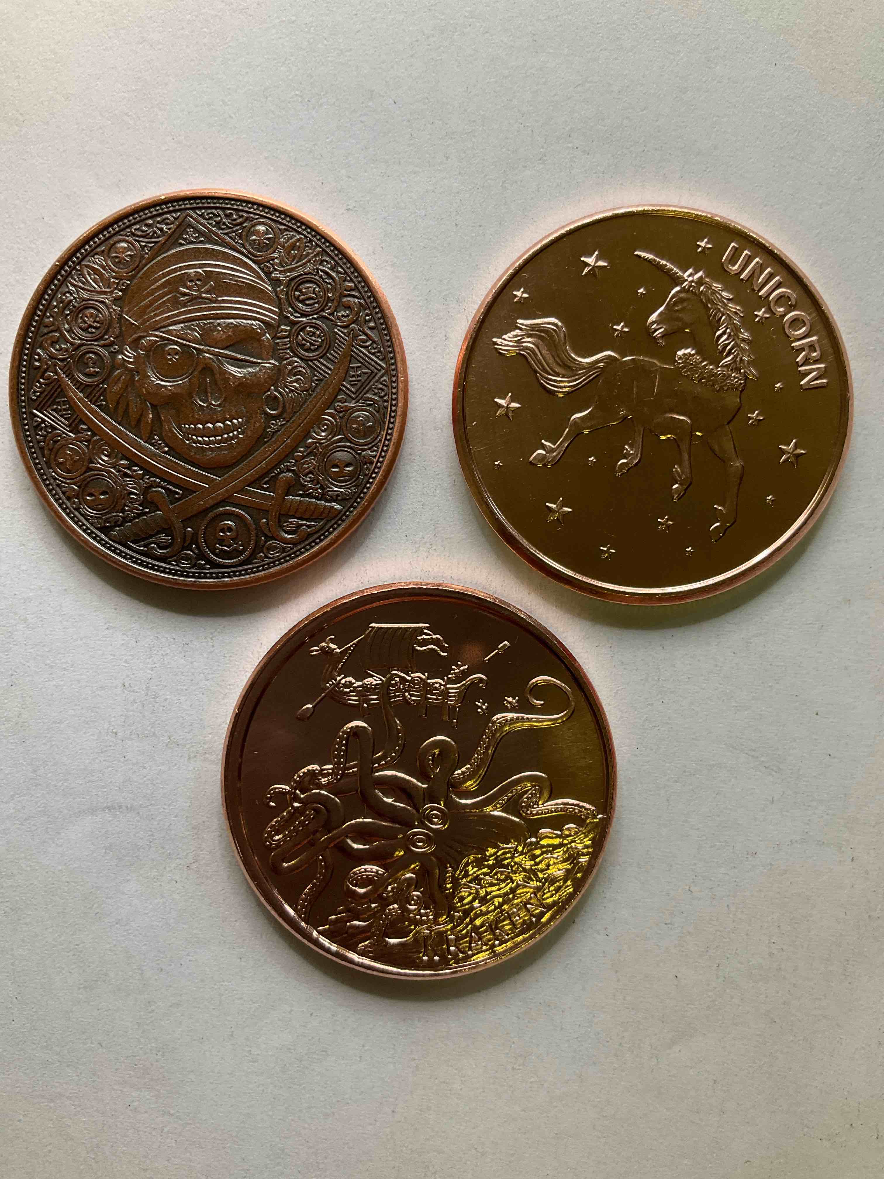Creature Copper! Pure Copper Large Coins! Three One Ounce Pure Copper Commemorative Coin, Brand New In Excellent Condition. 1.5" Diameter. Pure Copper! Unicorn, Kraken & Pirate Edition!