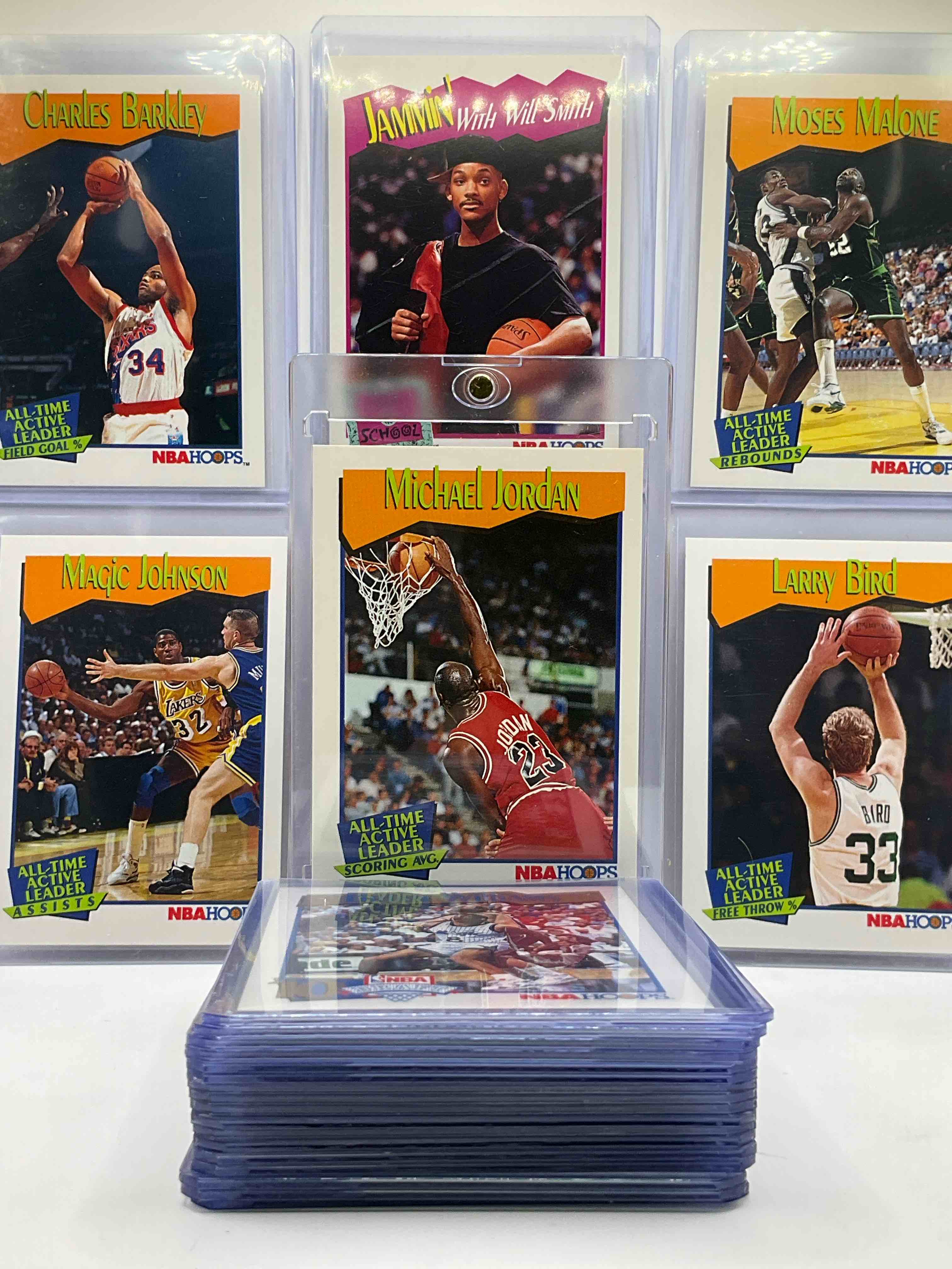 1991/92 NBA Hoops Crazy Card Set Trio! All Time Active Leaders, NBA Draft & Stay In School Editions! Michael Jordan, Magic Johnson, Larry Bird, Charles Barkley & Moses Malone Leaders Cards! Scoring, Assists, Free Throw & More! Will Smith Jammin Stay In School Cards & Draft Pick 1-10 Cards! Mutombo, Johnson & More! 24 Card Craziness!