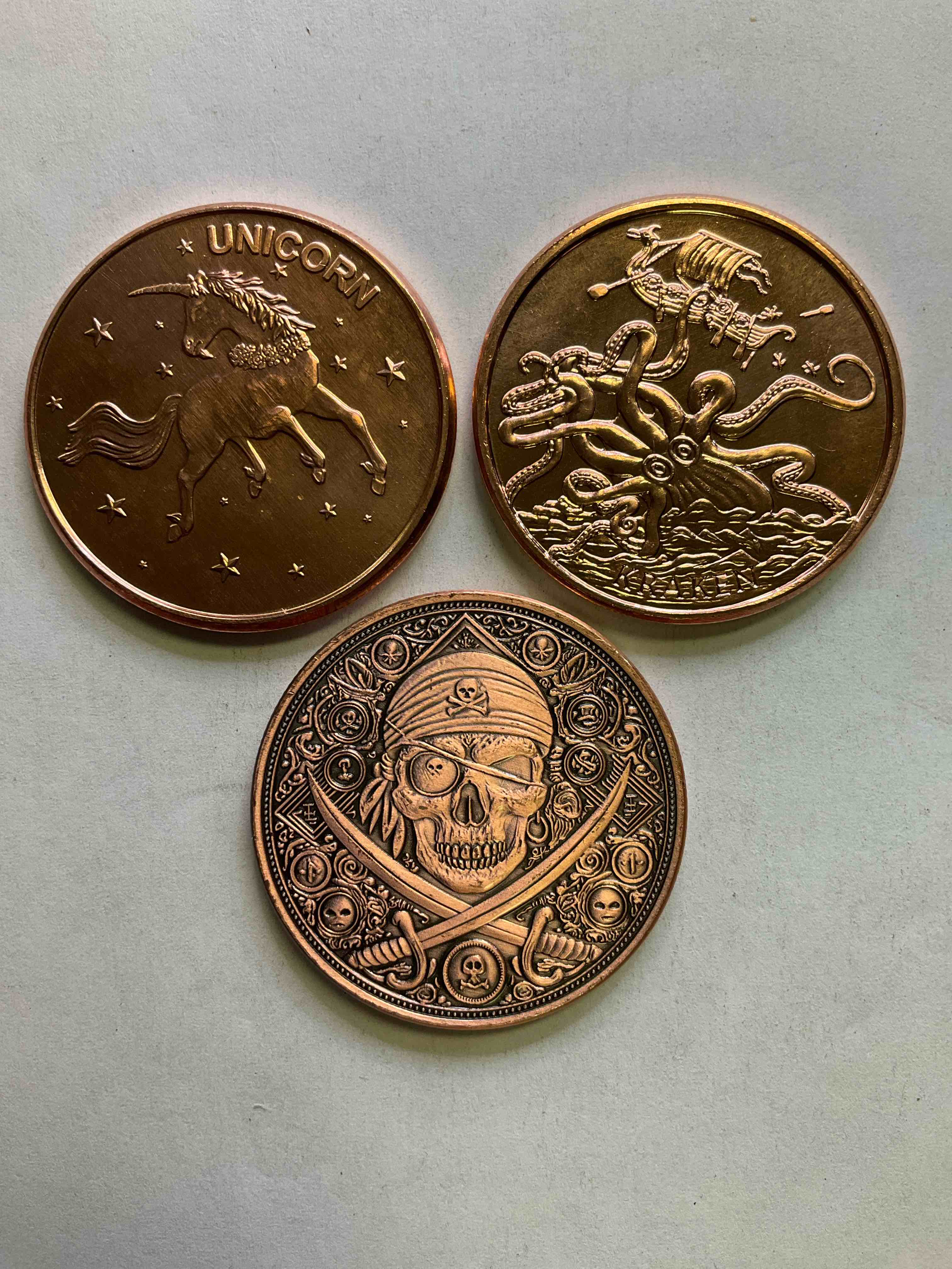 Creature Copper! Pure Copper Large Coins! Three One Ounce Pure Copper Commemorative Coin, Brand New In Excellent Condition. 1.5" Diameter. Pure Copper! Unicorn, Kraken & Pirate Edition!