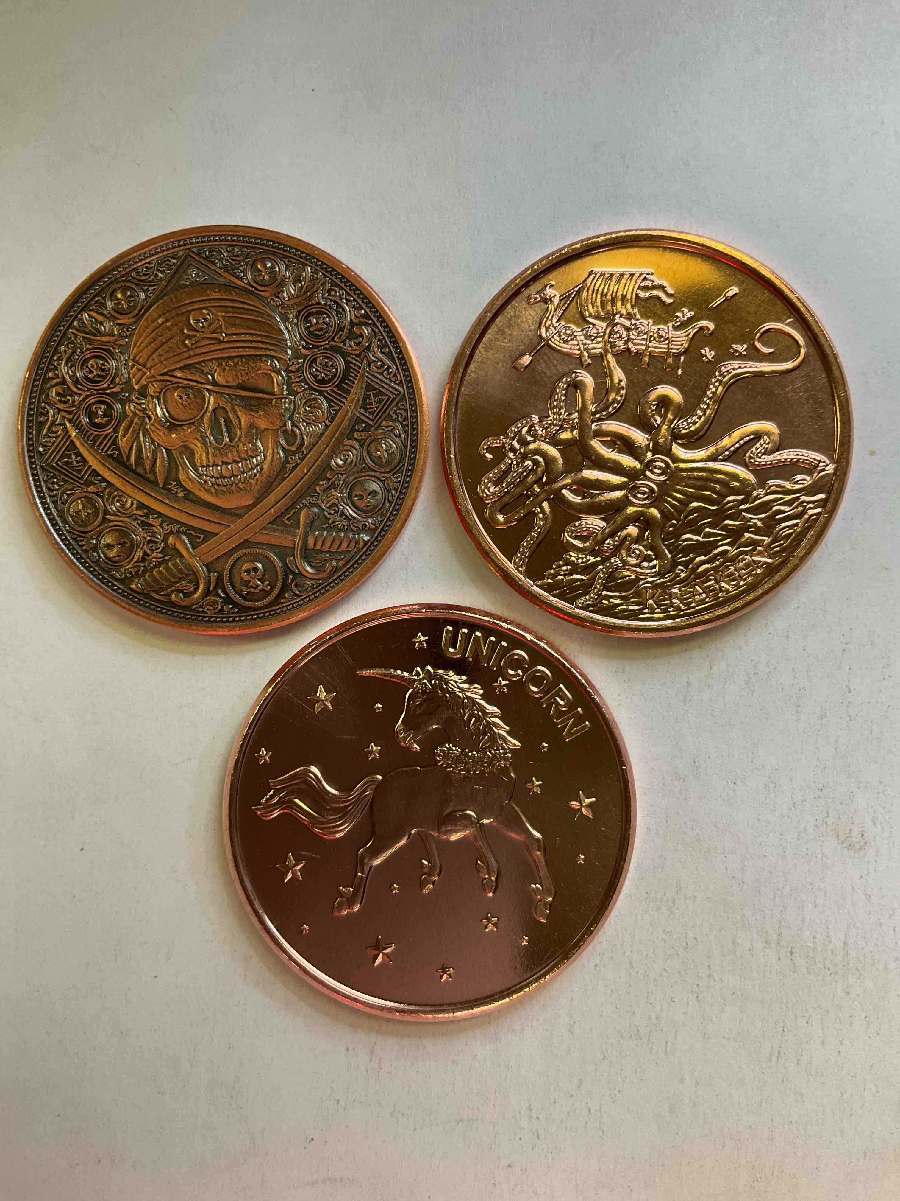 Creature Copper! Pure Copper Large Coins! Three One Ounce Pure Copper Commemorative Coin, Brand New In Excellent Condition. 1.5" Diameter. Pure Copper! Unicorn, Kraken & Pirate Edition!