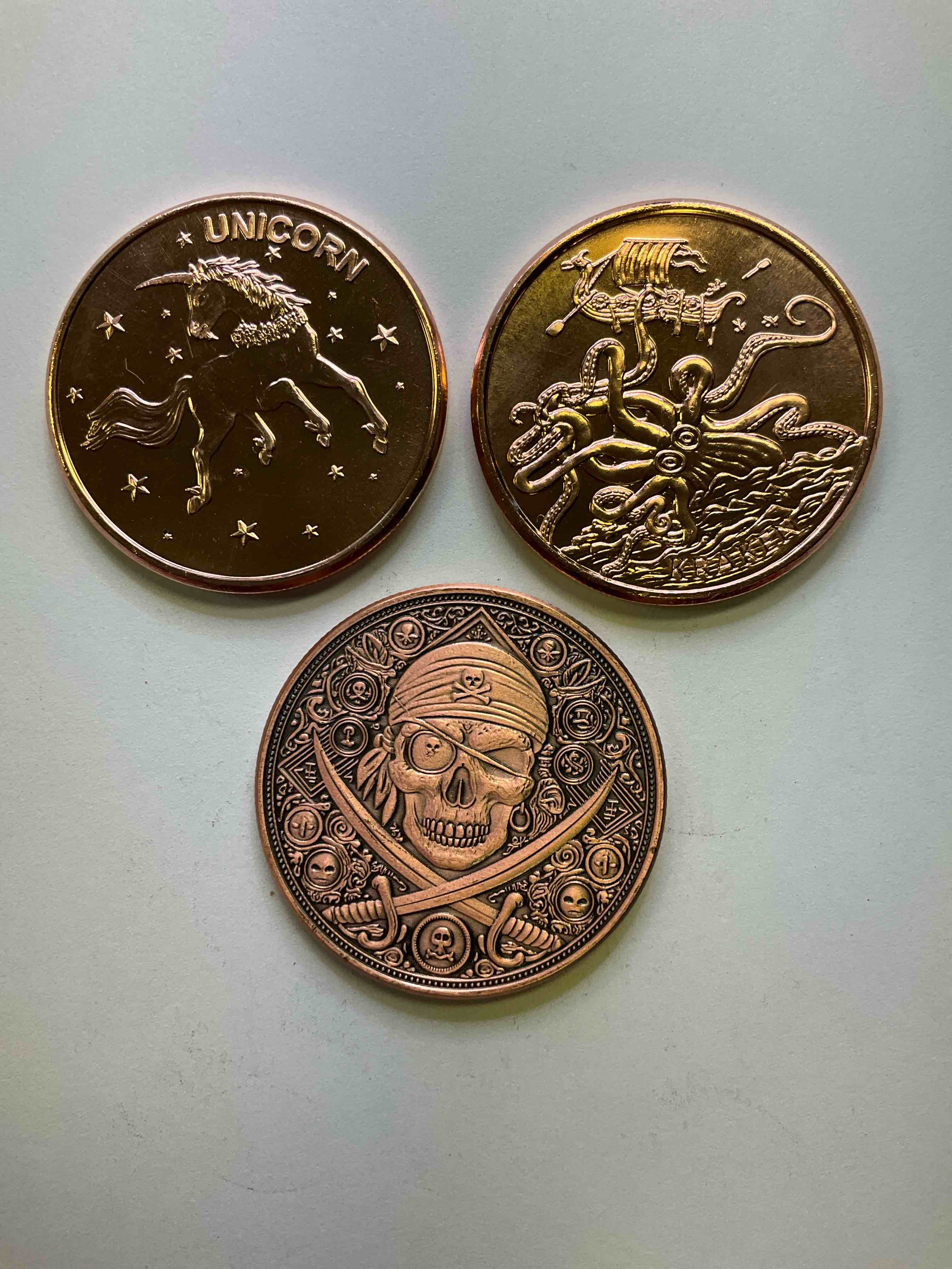 Creature Copper! Pure Copper Large Coins! Three One Ounce Pure Copper Commemorative Coin, Brand New In Excellent Condition. 1.5" Diameter. Pure Copper! Unicorn, Kraken & Pirate Edition!