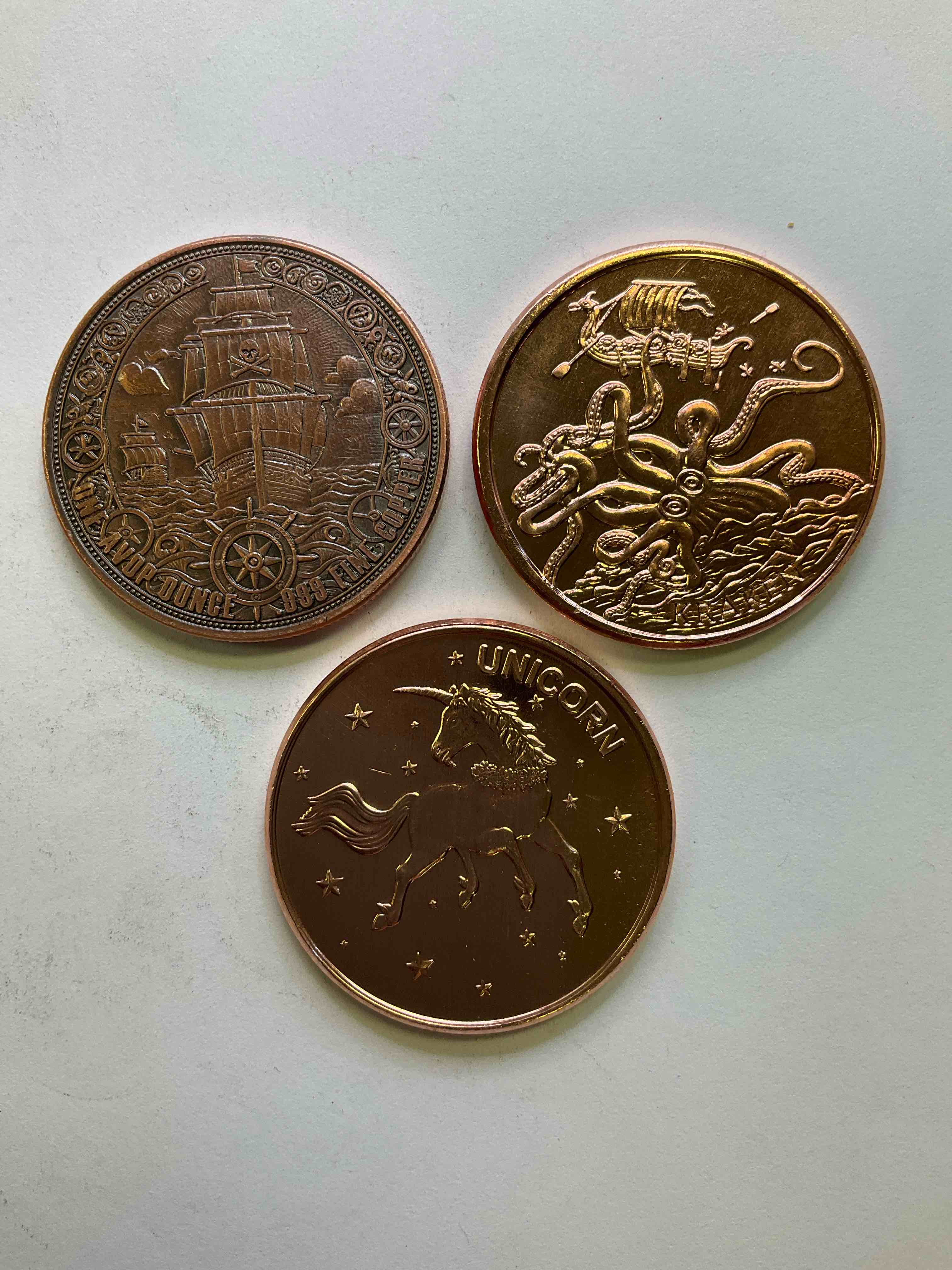 Creature Copper! Pure Copper Large Coins! Three One Ounce Pure Copper Commemorative Coin, Brand New In Excellent Condition. 1.5" Diameter. Pure Copper! Unicorn, Kraken & Pirate Edition!