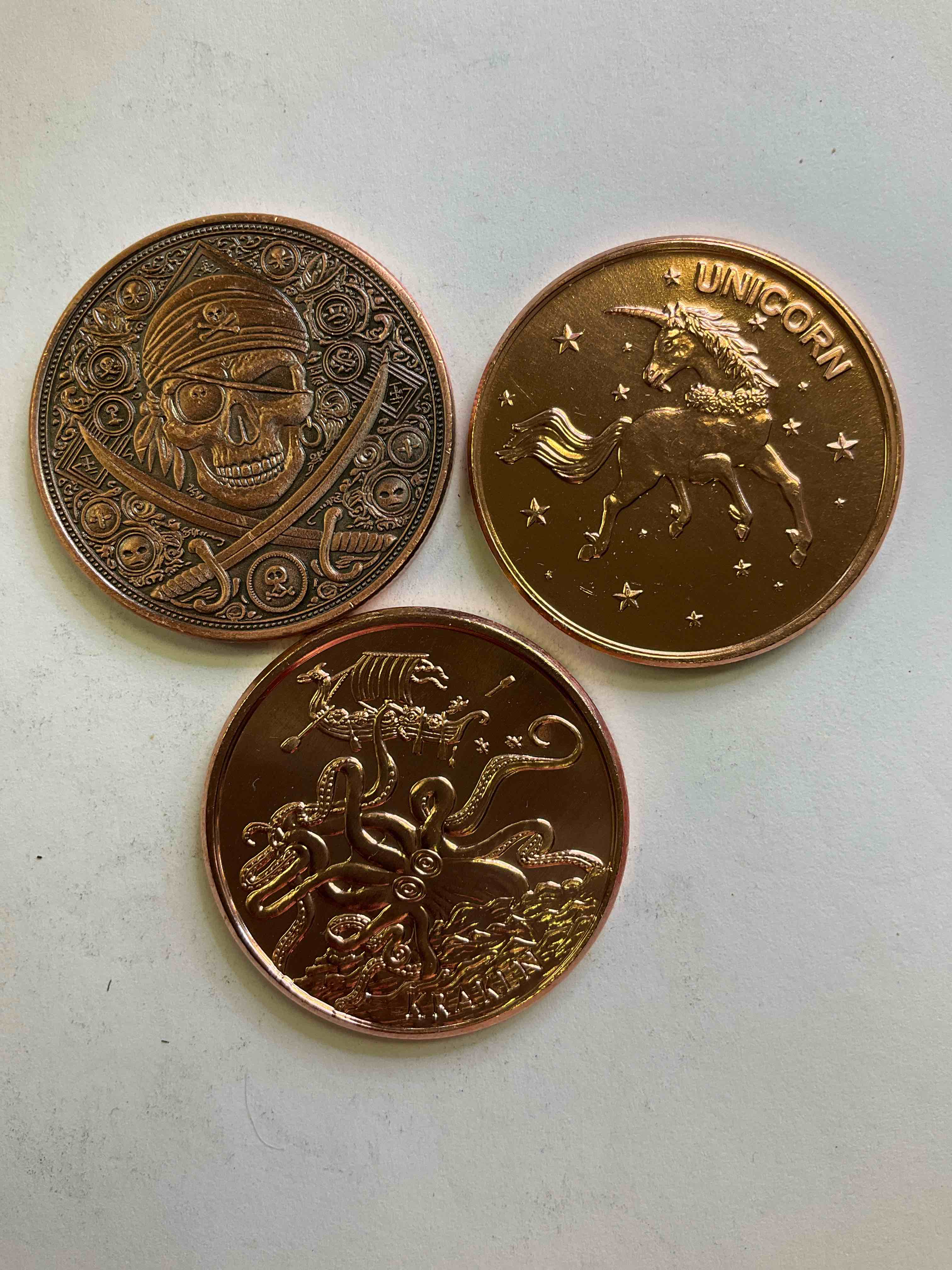 Creature Copper! Pure Copper Large Coins! Three One Ounce Pure Copper Commemorative Coin, Brand New In Excellent Condition. 1.5" Diameter. Pure Copper! Unicorn, Kraken & Pirate Edition!