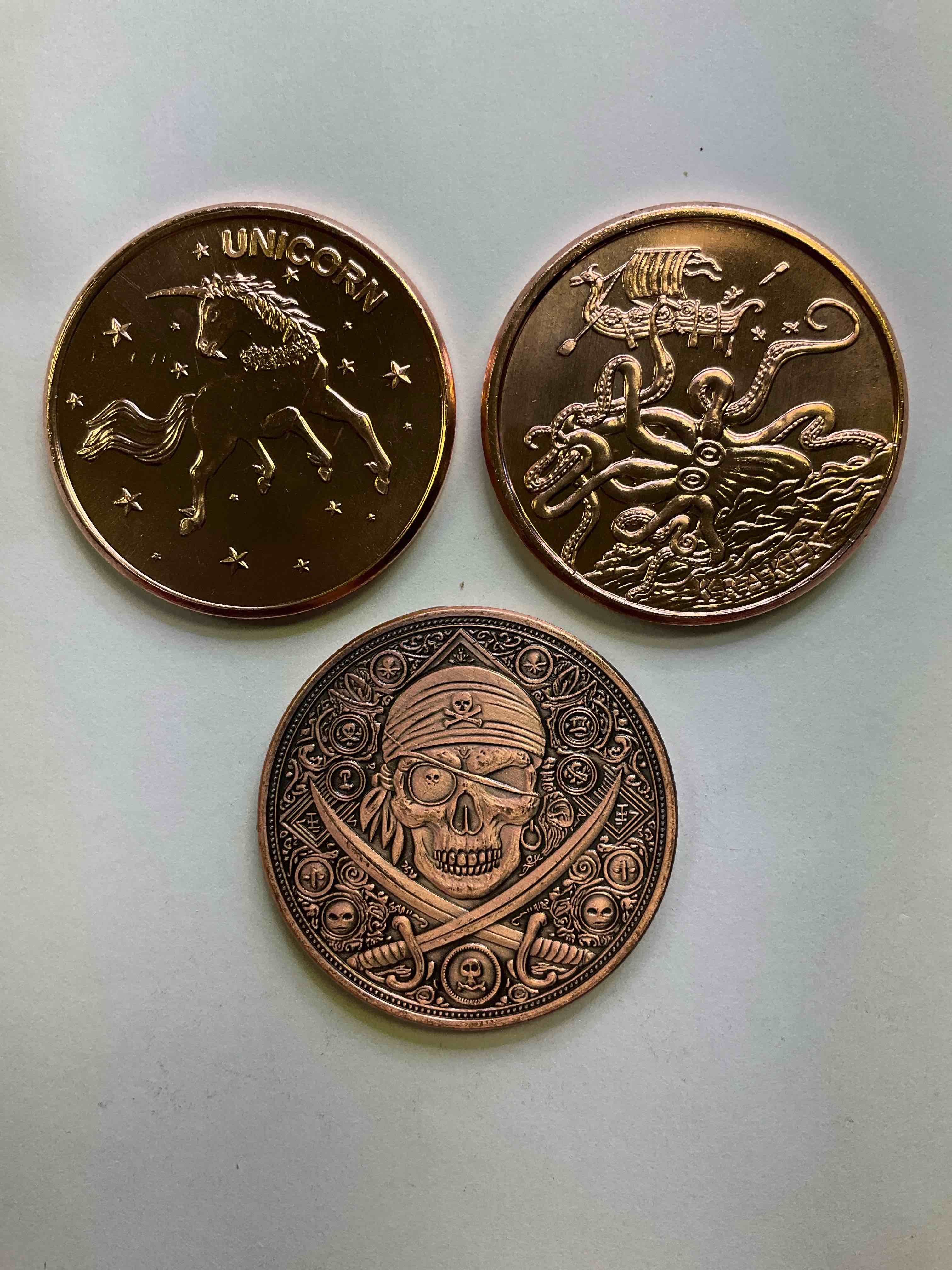 Creature Copper! Pure Copper Large Coins! Three One Ounce Pure Copper Commemorative Coin, Brand New In Excellent Condition. 1.5" Diameter. Pure Copper! Unicorn, Kraken & Pirate Edition!