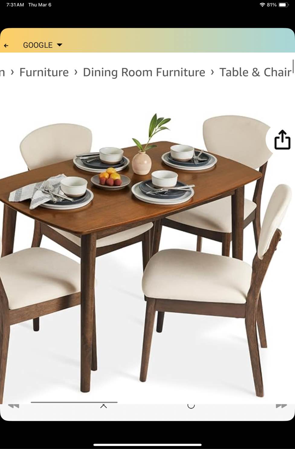 5-Piece Compact Wooden Mid-Century Modern Dining Set w/ 4 Chairs, Padded Seat & Back