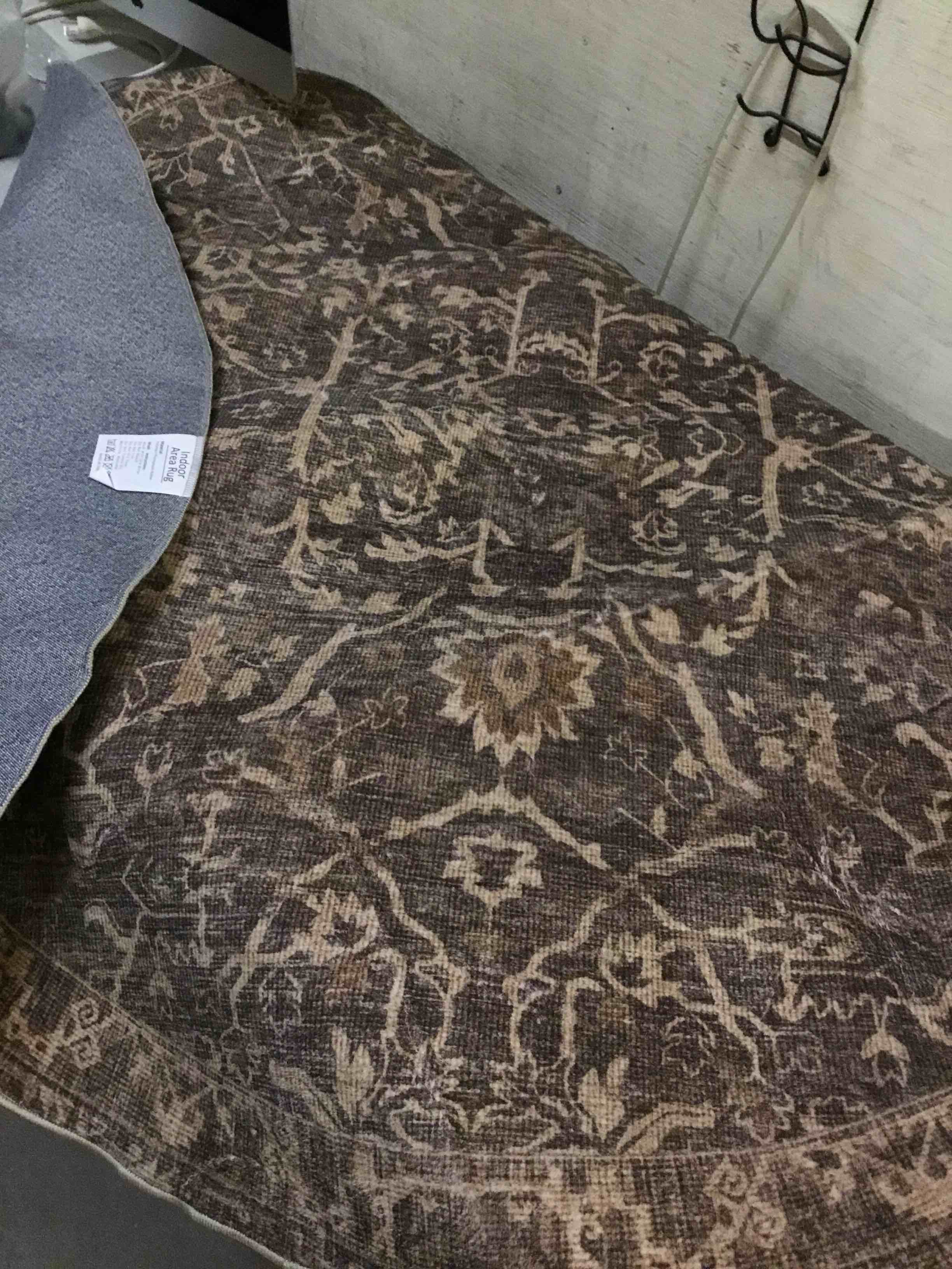 Condition photo showing Good Condition for 5ft brown vintage floral washable round rug for entryway | low pile, non slip, retro style, soft distressed indoor rug for living room, bedroom, office, laundry room, home decor