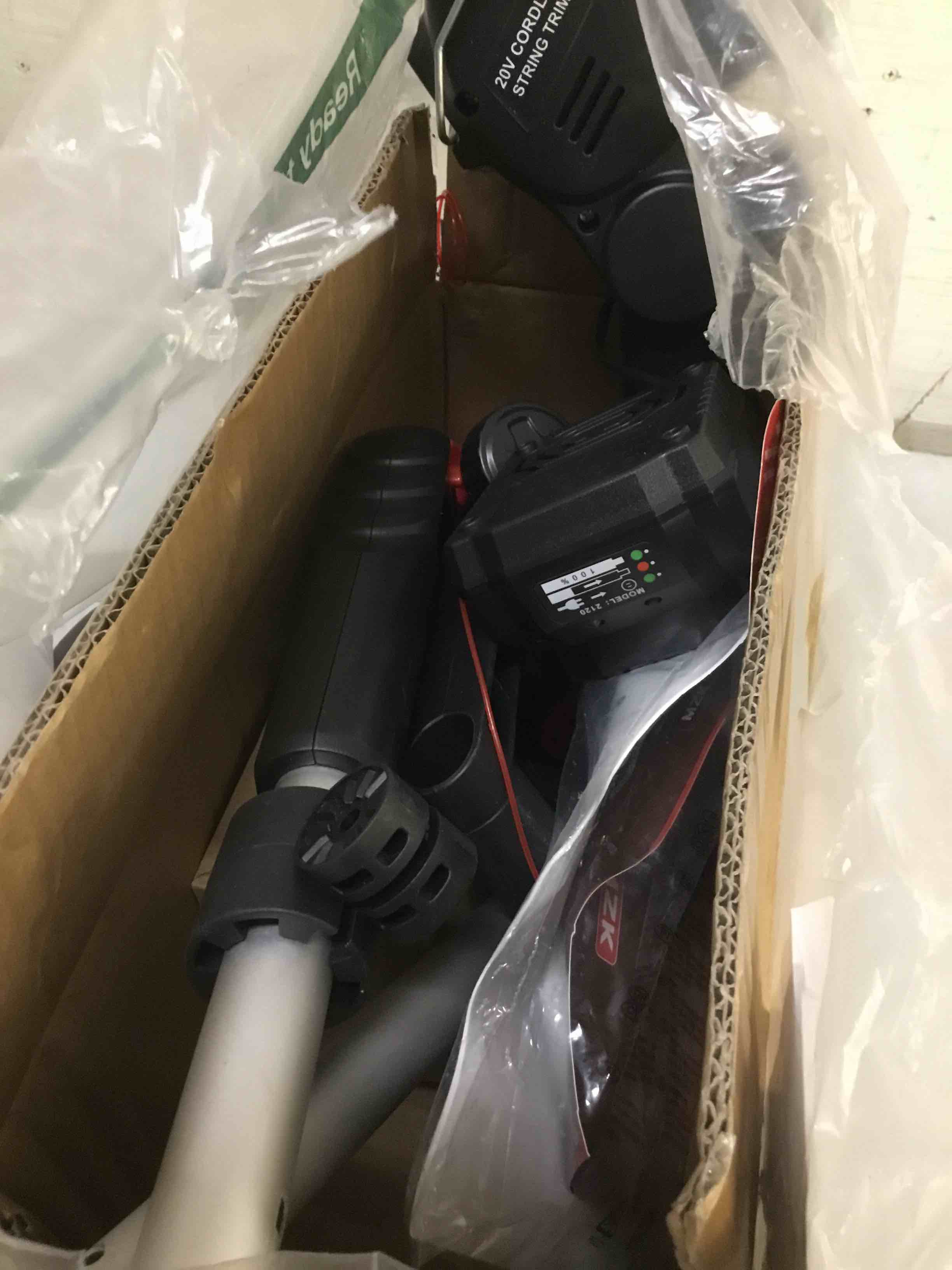 Condition photo showing As Is for mzk 20v 12'' cordless string trimmer, grass trimmer&edger with 8 replacement spools, battery powered weed trimmer with auto line feed for garden, lawn(2 * 2ah battery and charger included),st12d07