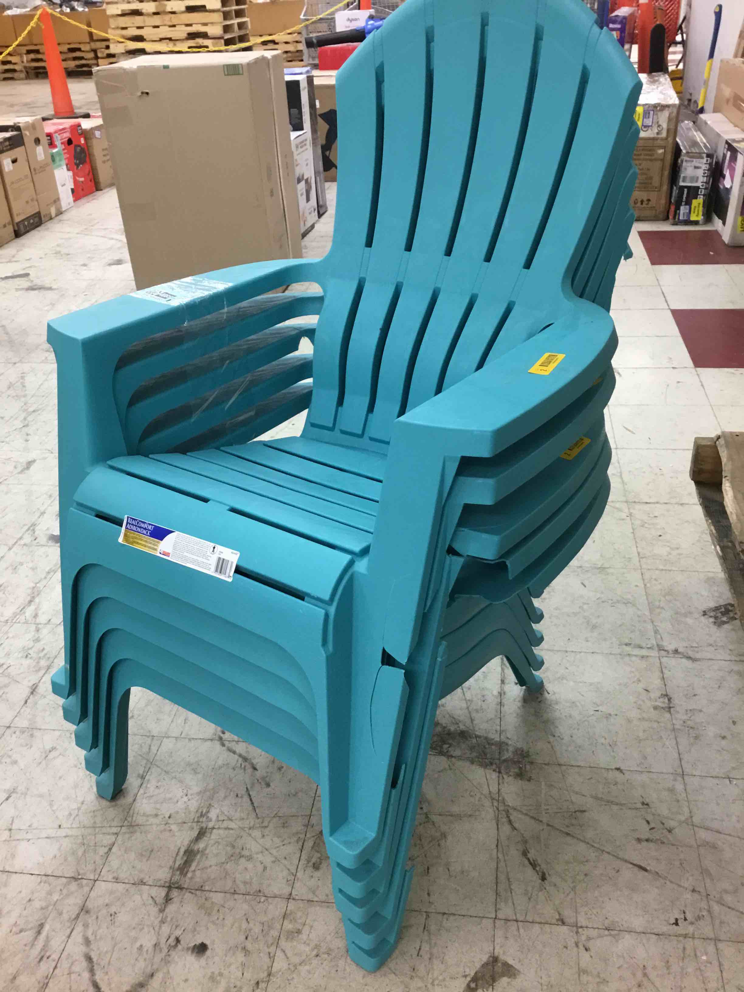 Condition photo showing As Is for set of 5 adams realcomfort teal polypropylene frame adirondack chair