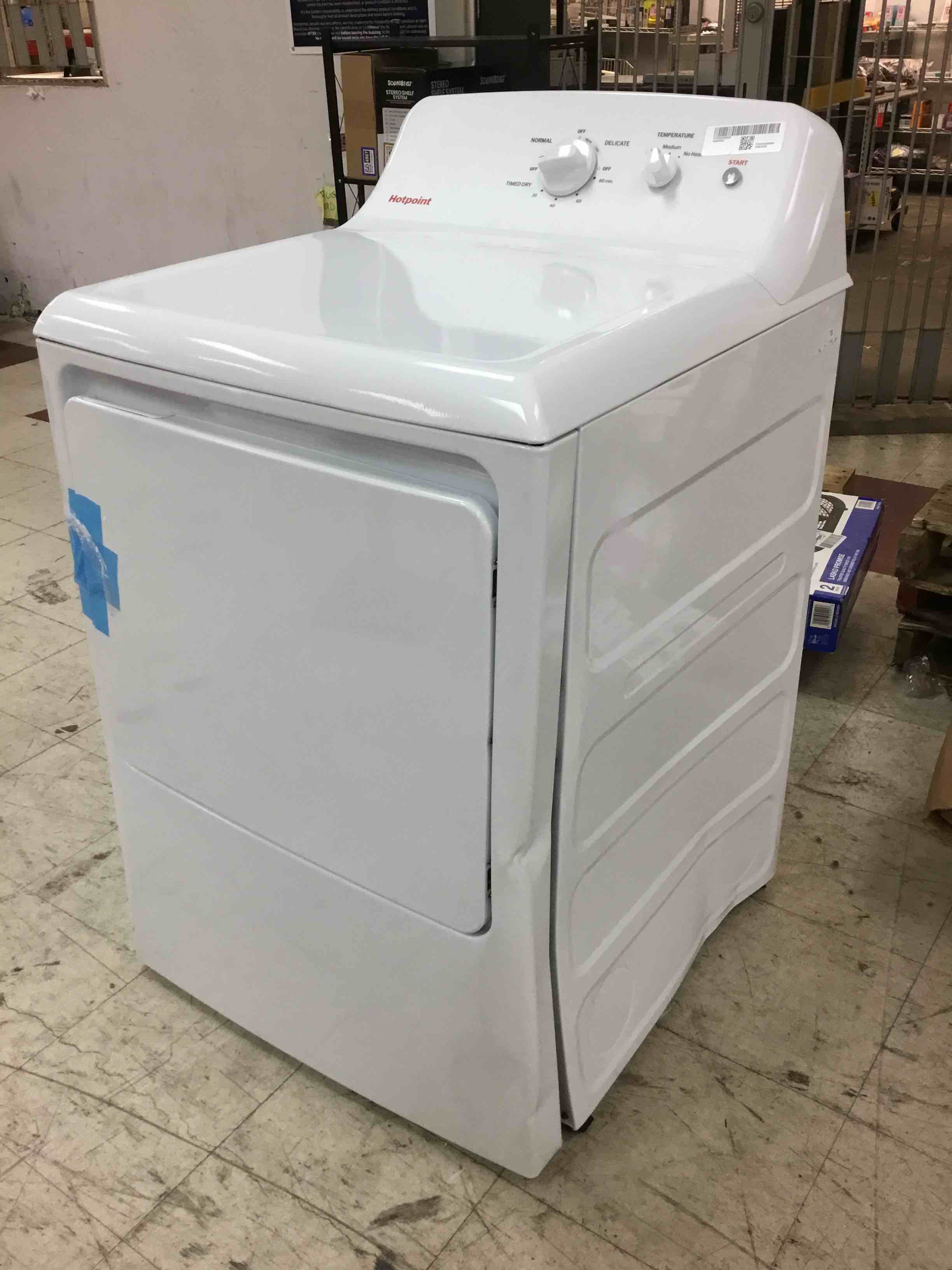Condition photo showing As Is for 6.2 cu. ft. vented electric dryer in white with auto dry