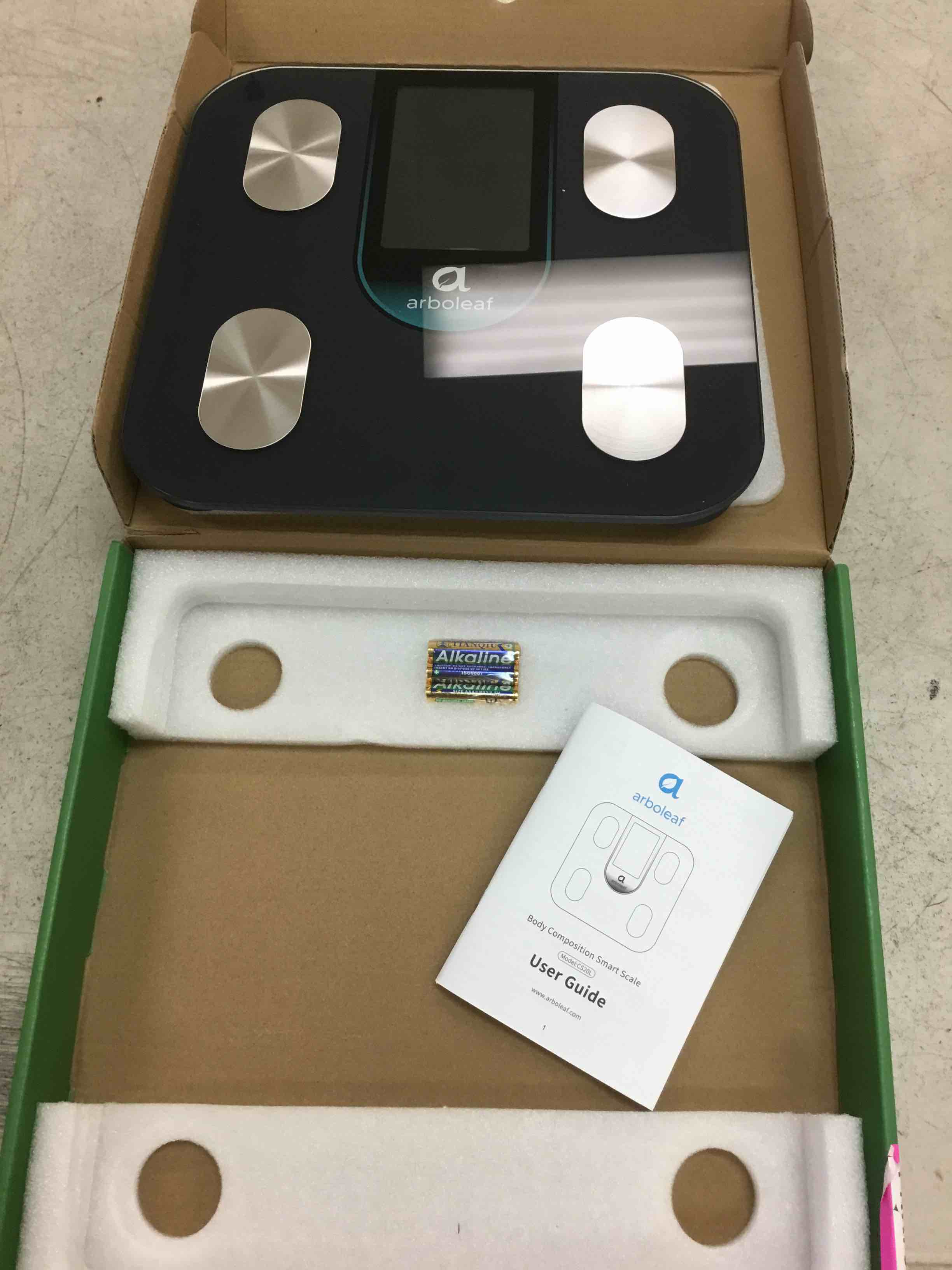 Condition photo showing As Is for arboleaf smart scale for body weight, dual-frequency 8-electrode bia | 7-in-1 display shows key stats fast; app unlocks 50+ metrics, trend charts, family profiles, plus data syncing and reports