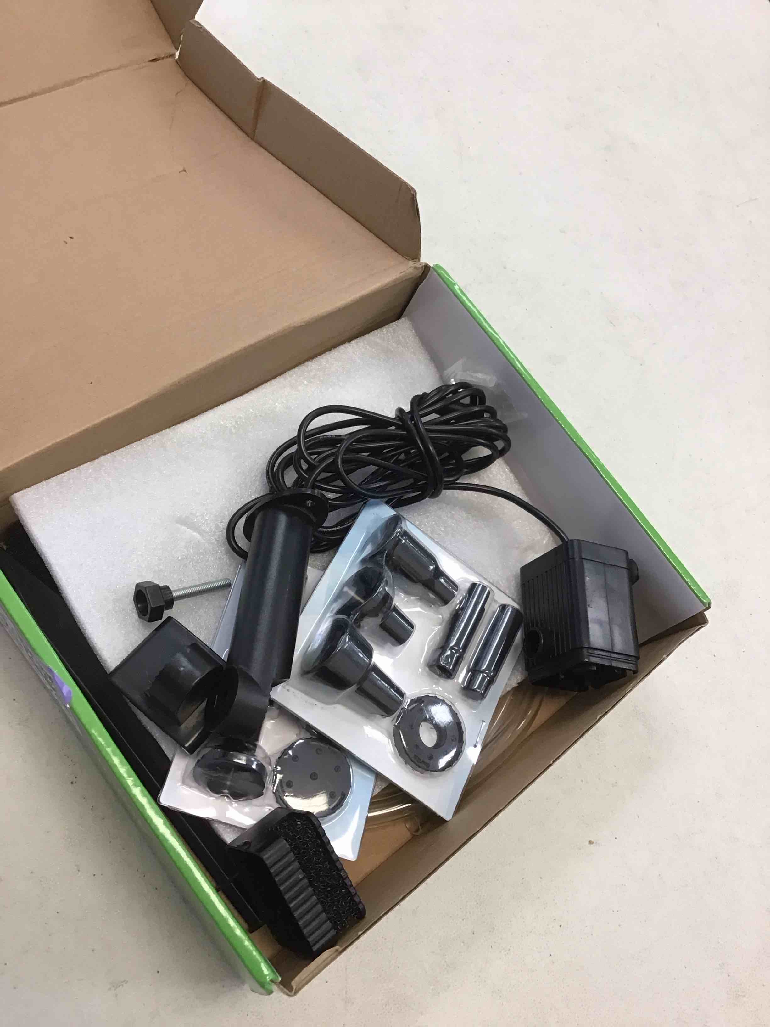 Condition photo showing As Is for ( incomplete ) solar fountain pump for bird bath, 4w solar water fountain with 5 spray modes & 4ft hose, 9.8ft power cord, dry-run protection & low noise for garden small pond fish tank diy water feature