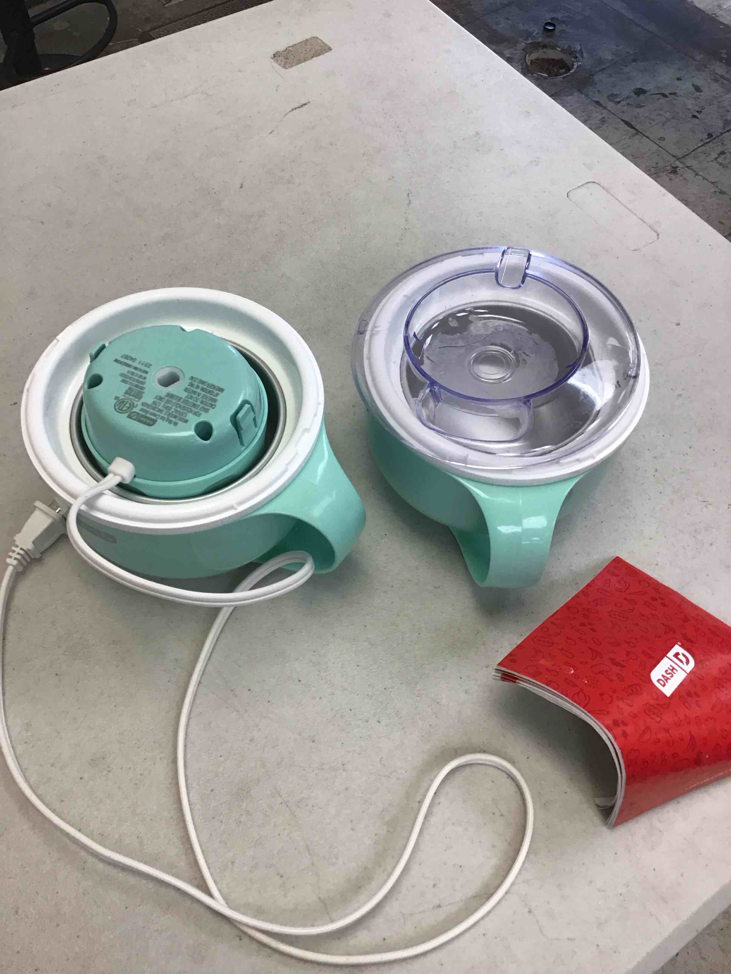 Condition photo showing As Is for ( incomplete) dash my mug ice cream maker - makes single serving of gelato, frozen yogurt, sorbet & more - easy to clean & use - aqua, 2 bowls aqua 2 bowls