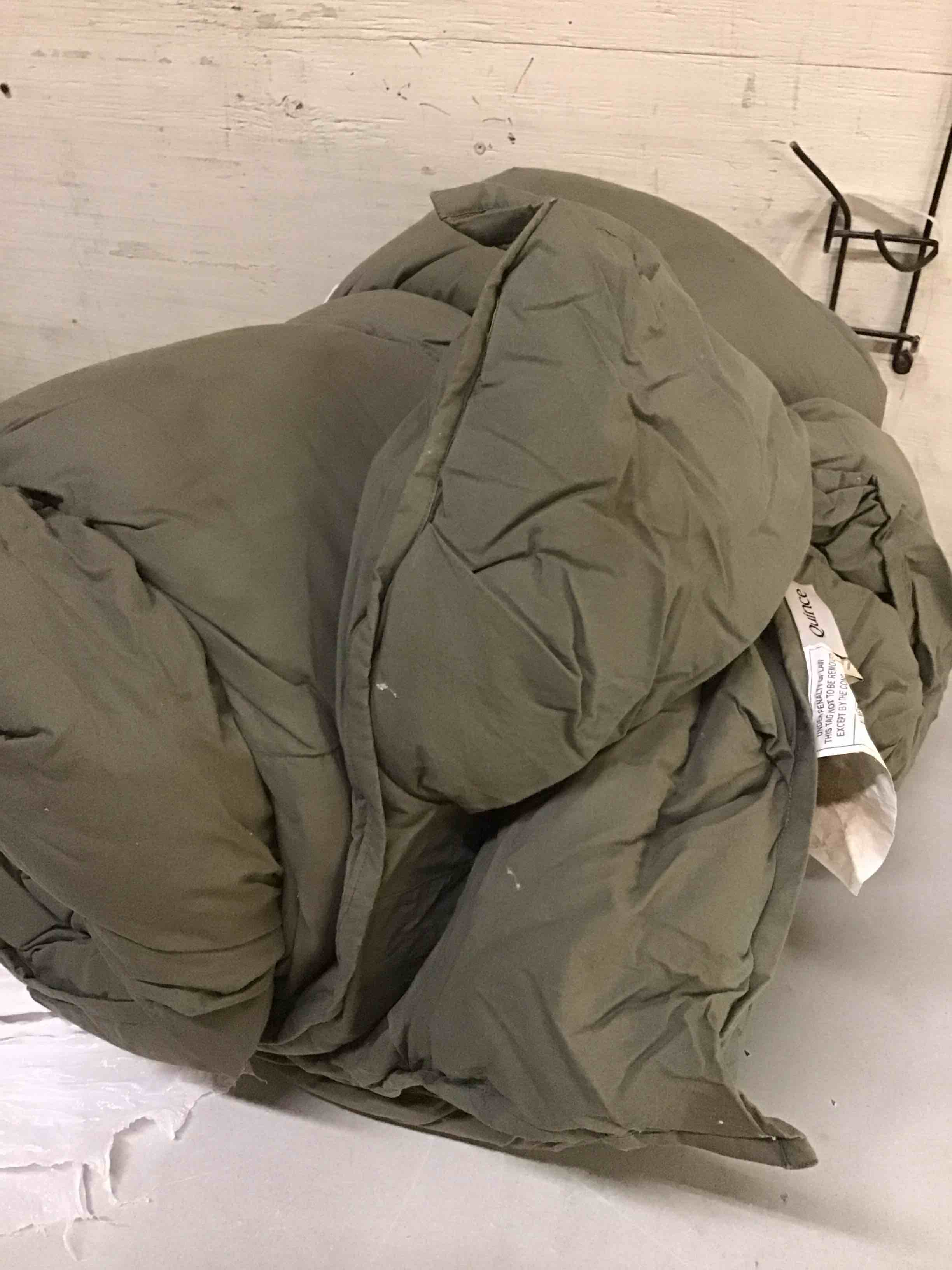 Condition photo showing As Is for quince comforter size 98 x 88 inch dusty olive color
