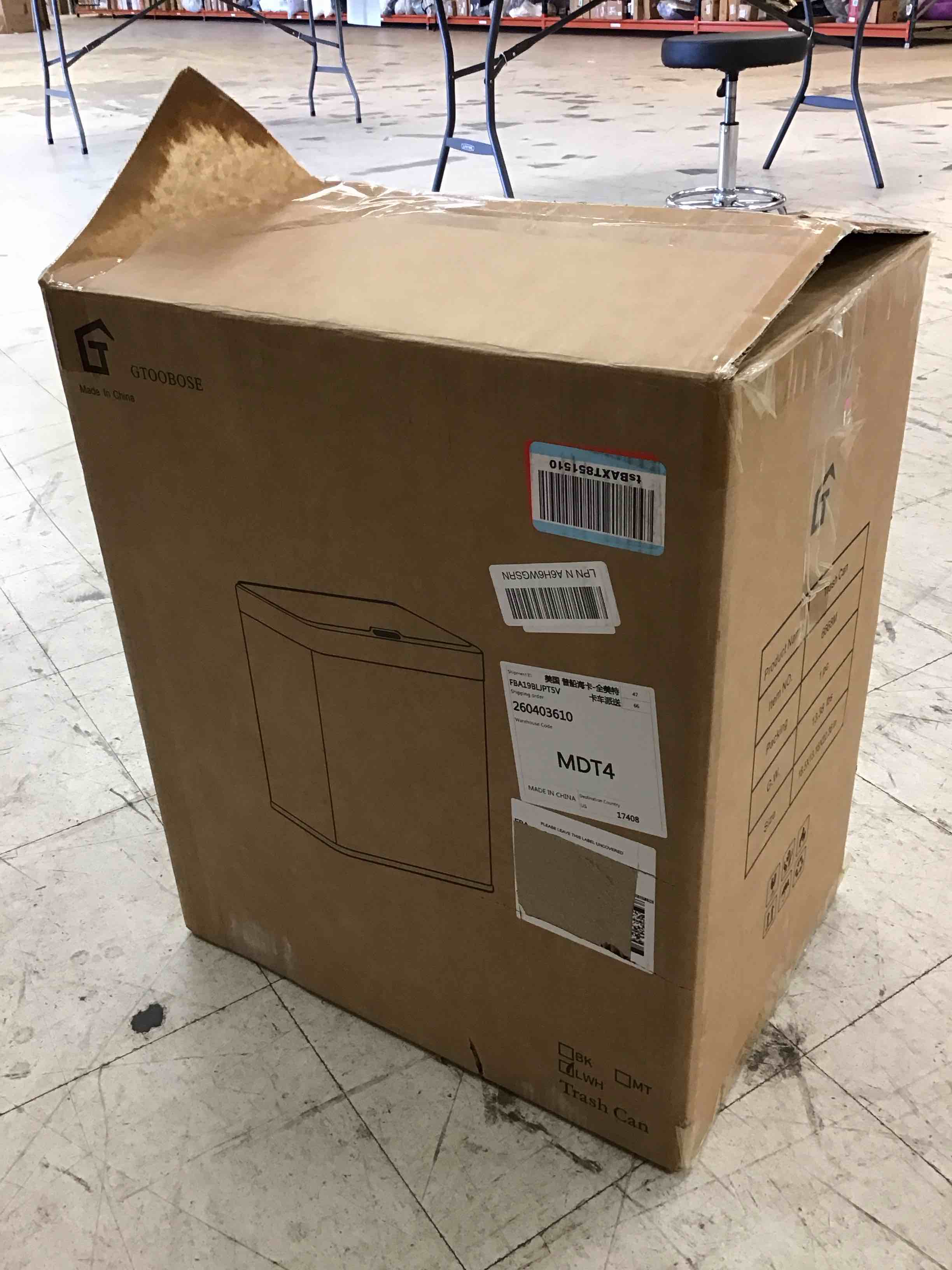 Condition photo showing Good Condition for (lid is cracked, see photo) 13 gallon / 50l touchless automatic trash can, slim motion sensor kitchen garbage can, stainless steel, soft close lid, fingerprint resistant, hands-free, odor control, white