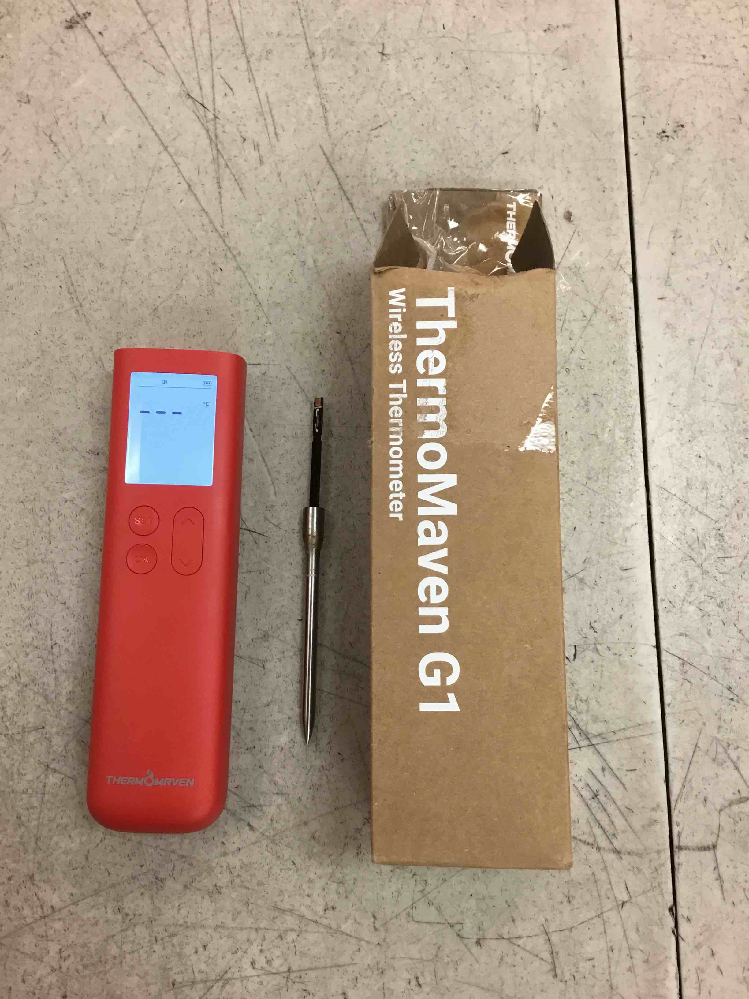 Condition photo showing As Is for thermomaven smart bluetooth wireless meat thermometer, 10x enhanced sub-1g signal and stability, standalone display base, certified accuracy ±0.5°f, wifi unlimited range for bbq, oven, smoker, grill