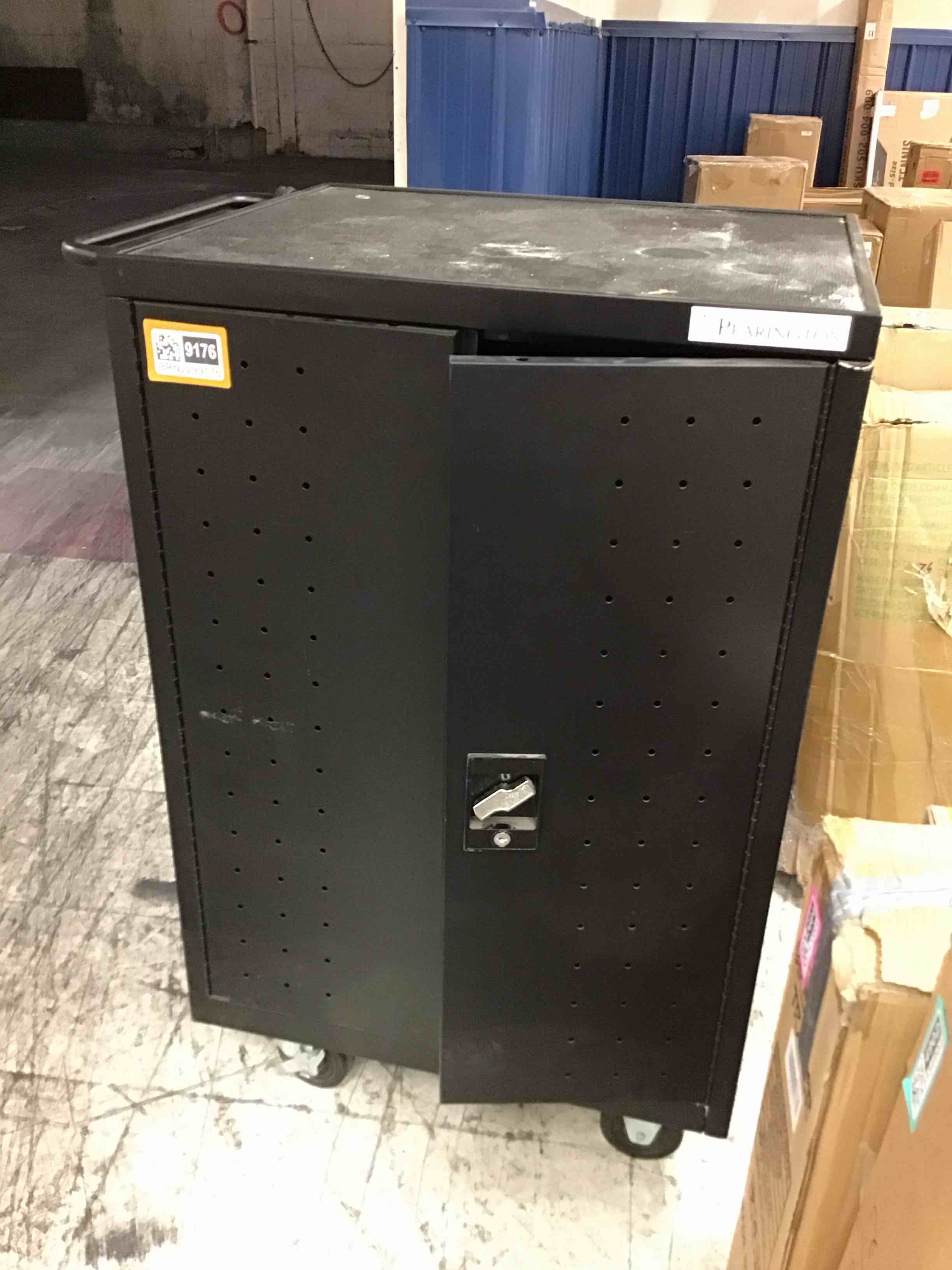 Black Cabinet with Wheels and Electric Plugins