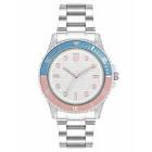 Time and Tru Silver Tone Bracelet White Round Pink and Blue Bezel Casual Ladies Watch