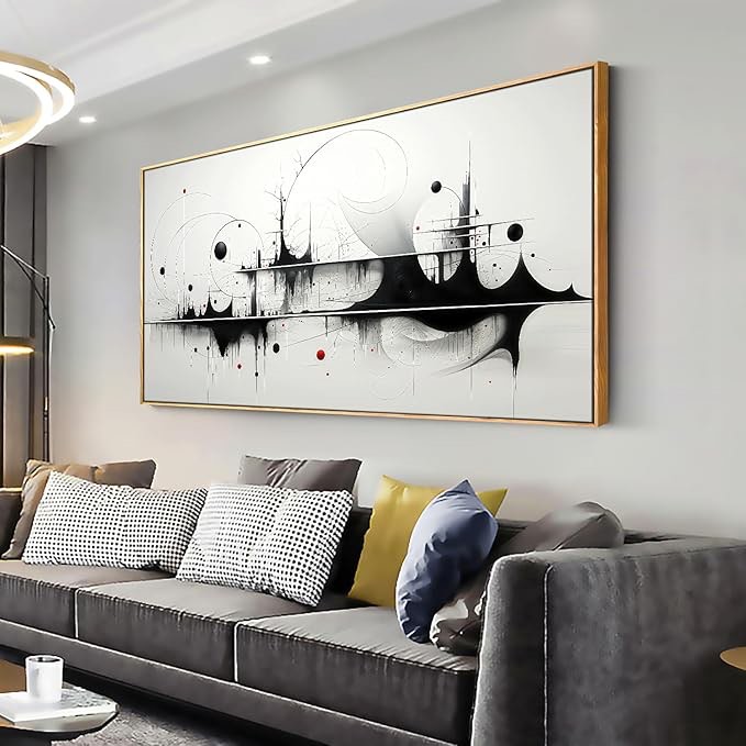 Wall Art Modern Artwork Black And White Canvas Painting Geometric Line Art Wall Decor for Living Room Bedroom Dining Room Home Office Decor 24"x48" with Framed