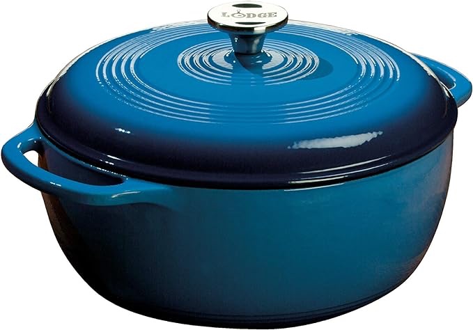 Lodge 7.5 Quart Enameled Cast Iron Dutch Oven with Lid – Dual Handles – Oven Safe up to 500° F or on Stovetop - Use to Marinate, Cook, Bake, Refrigerate and Serve – Blue