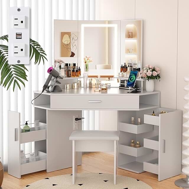(incomplete box B) SMOOL 47" L Vanity with Lighted Mirror - Makeup Vanity Desk with Power Outlet and 3 Color Lighting Options, Brightness Adjustable, Vanity Table Set with 8 Drawers and Cabinet for Women Girls, White