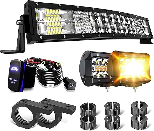 ASLONG 22 Inch Curved LED Light Bar w/Wiring, 2x 4inch White/Amber Yellow LED Pods Strobe Fog Lights + Tube Clamp Mounting Bracket UTV Flag Mount Whip Light Mount for Pickup 4WD ATV UTV Truck Tractor
