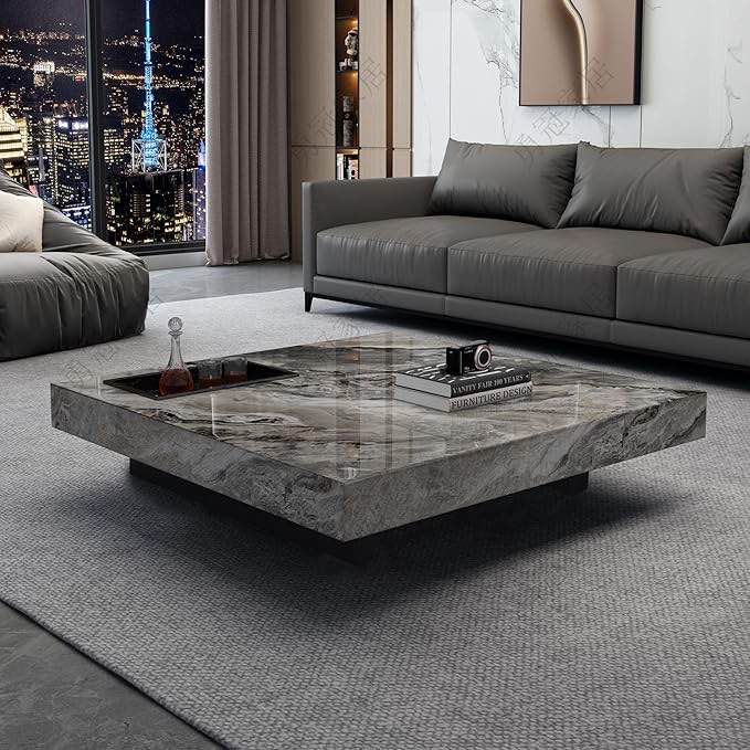 50x20 model CF-1052-A Luxury Sintered Stone Square Coffee Table with Carbon Steel Base, Coffee Table for Living Room Home Office