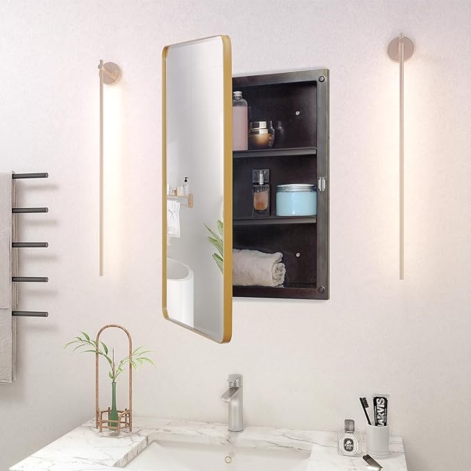 fundin plastic medicine cabinet, beveled edge mirror door with round corner metal frame, recessed an
