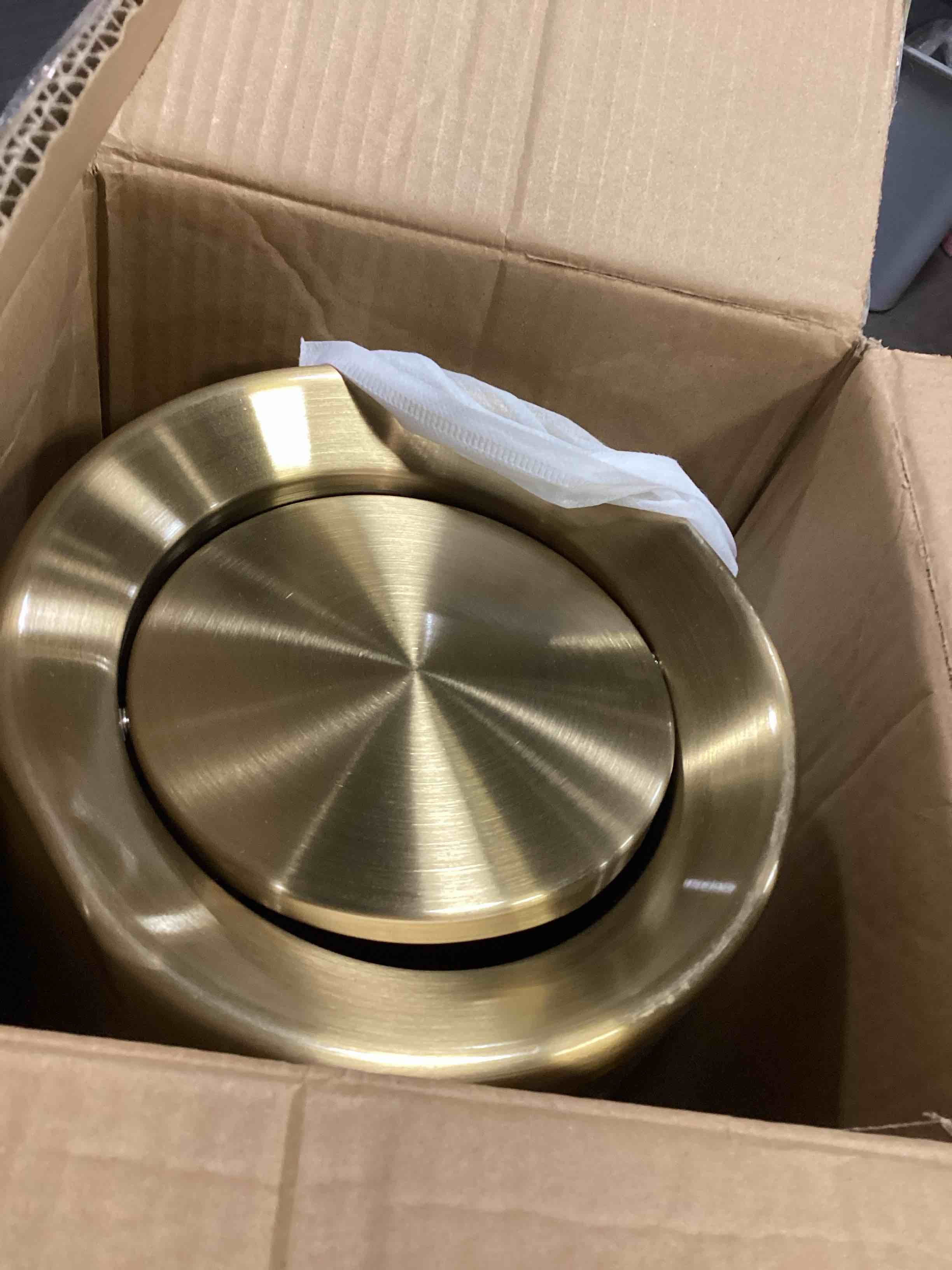 Condition photo showing As Is for (It’s bent)2.6Gal/10 L Gold Brushed Stainless Steel Trash Can with Swing Cover, Bathroom Trash Can with Lid, Garbage Can for Bathroom, Bedroom, Office, Hotel, Rest Room, RV (Gold)