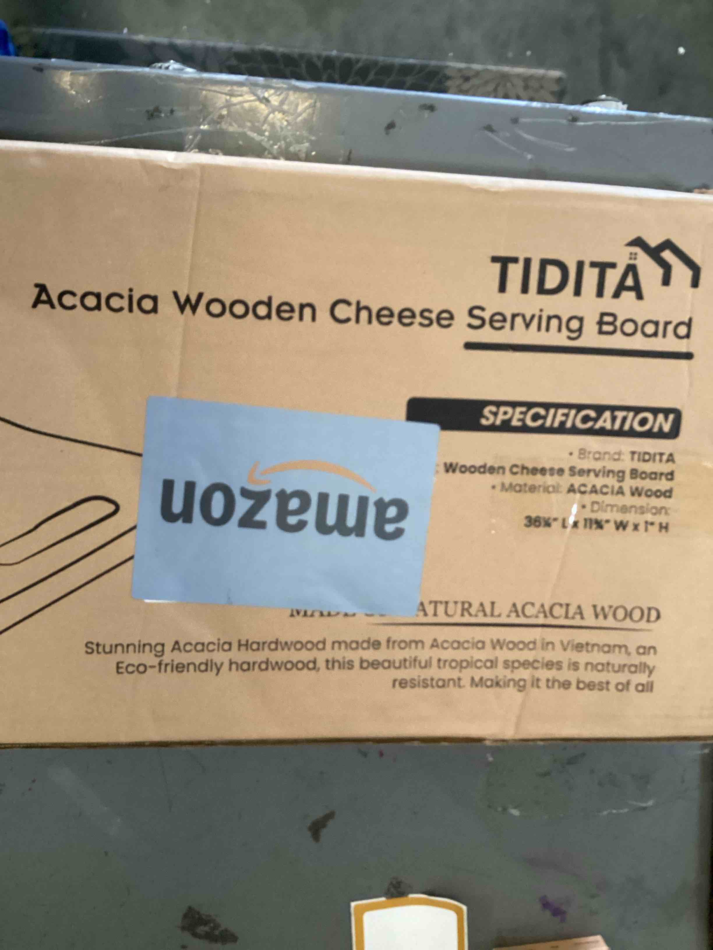 Condition photo showing As Is for TIDITA 36" Large Acacia Wood Charcuterie Board with Handles - Extra Long Wooden Serving Cheese Boards - Rectangular Serving Platter for Meat Steak, Cracker Appetizers, Fruit Decorative Display Party 36.4" x 11.3" x 1"
