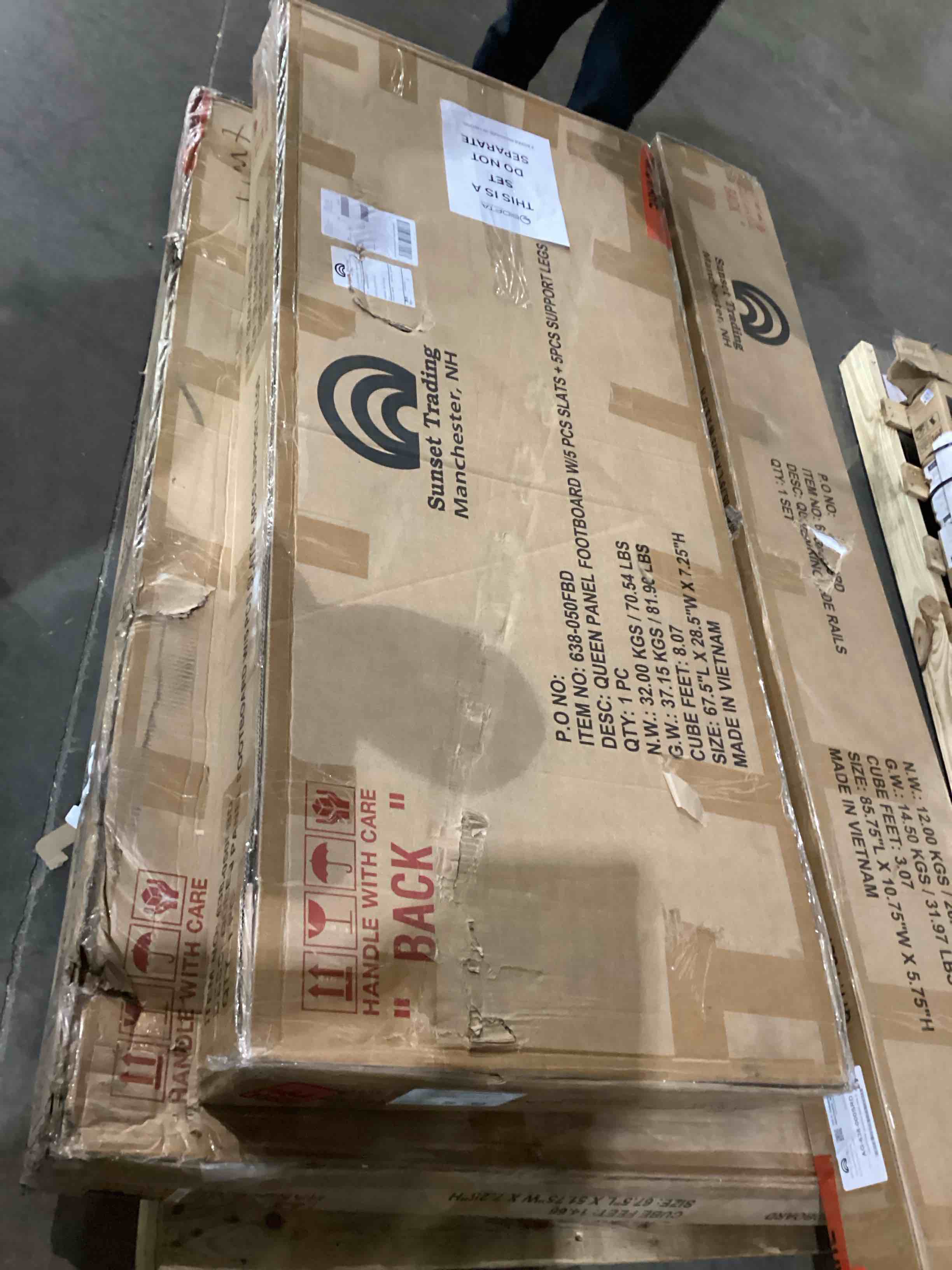 Condition photo showing As Is for Queen Panel Footboard with 5 Pieces, Slats and Support Legs