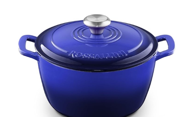 signature enameled cast iron dutch oven, non-stick serving pot with tight fitting lid for perfect roasting, baking, sauteing, and bread making | 5.5q (5.2l) - ocean blue