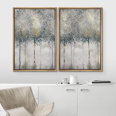 idea4wall framed canvas print wall art set pastel teal gold forest tree landscape nature wilderness illustrations modern art scenic colorful living room bedroom office 24”x36”x2” natural 