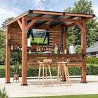 (Incomplete)Aura 6.5 ft. x 8 ft. Cedar Wood Outdoor Entertainment Gazebo Bar With Hardtop Galvanized Steel Roof, Powerport,Bar Table And Foot Rest Rail