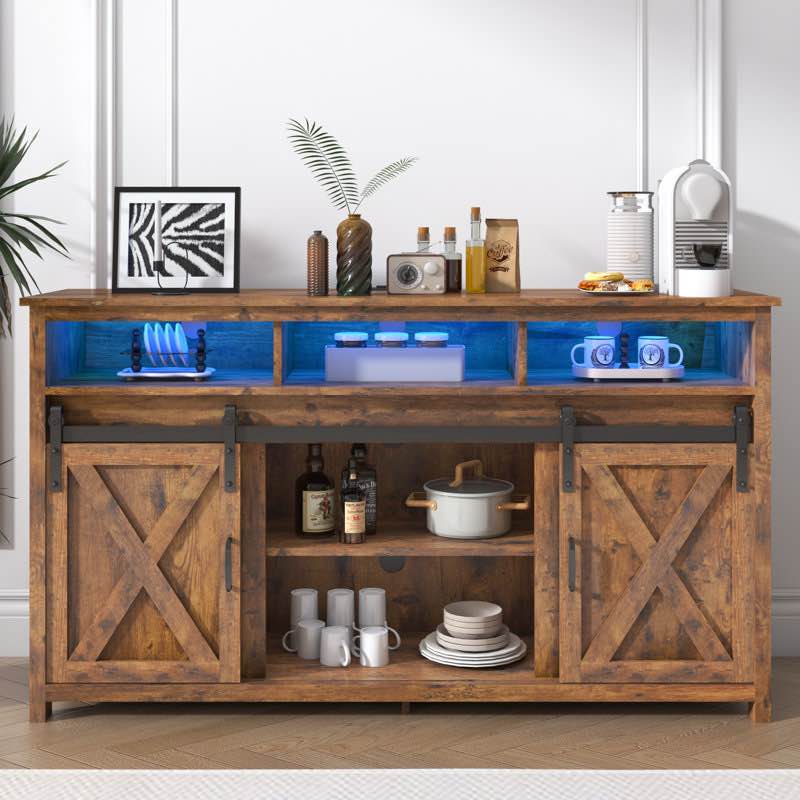 wooden farmhouse entertainment center for 80/85 inch tv,double layer storage farmhouse tv stand,double-row sockets with wood sliding barn door tv stand