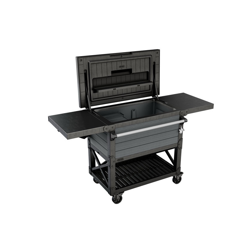 keter outdoor rolling patio cooler and insulated beverage cart ice chest with fold down serving shelf and bottle opener, grey