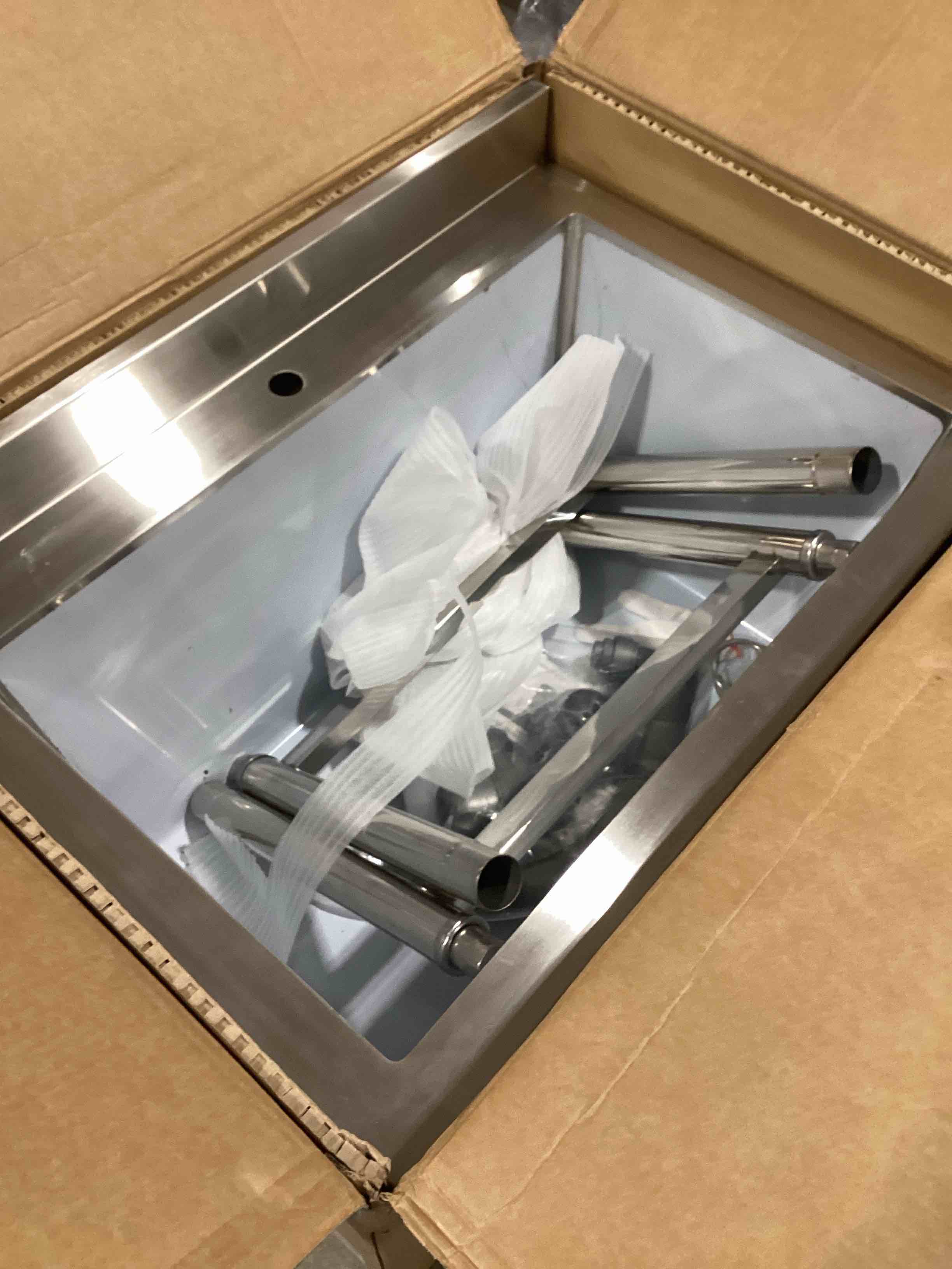Condition photo showing As Is for 2-compartment commercial sink, stainless steel utility sink with pull-out faucet, free standing double bowl kitchen sink for restaurant, garage, shop, cafe, outoor, 21.7"d x 47.2"w x 37"h