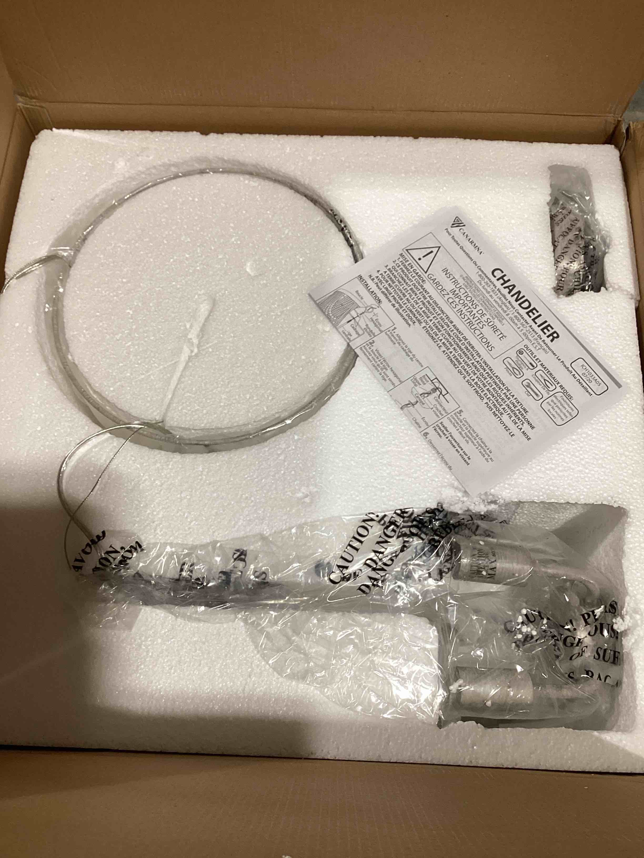 Condition photo showing New/Like New for nicole chandelier - 5-light, 60w type c, grey real wood beads, 18.5" w x 23" h, unique design for dining rooms, living areas