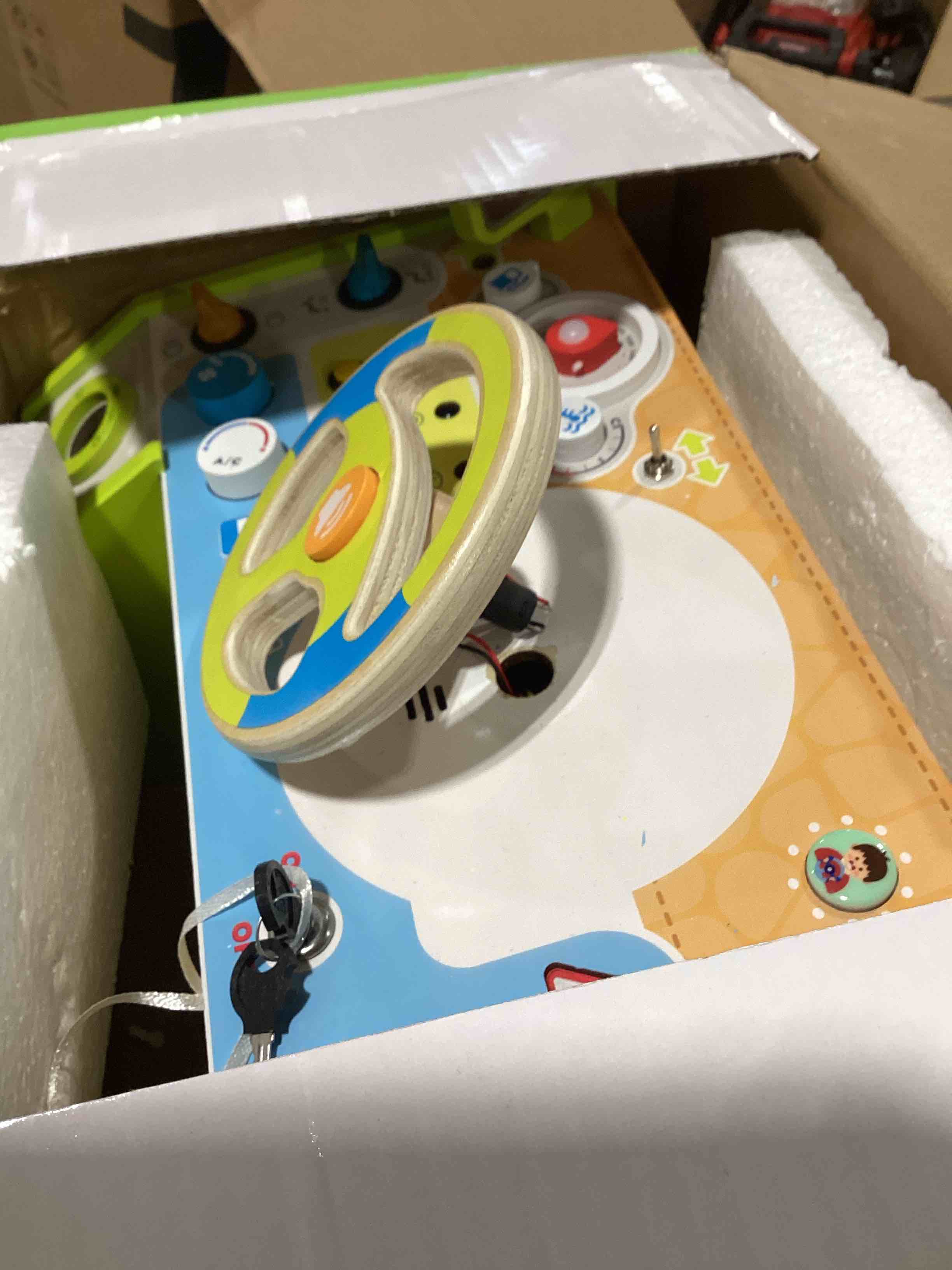 Condition photo showing As Is for montessori car busy board for toddlers, wooden sensory steering wheel activity baby toy with lights, buttons, gears & key start, kids interactive educational toys for boys girls