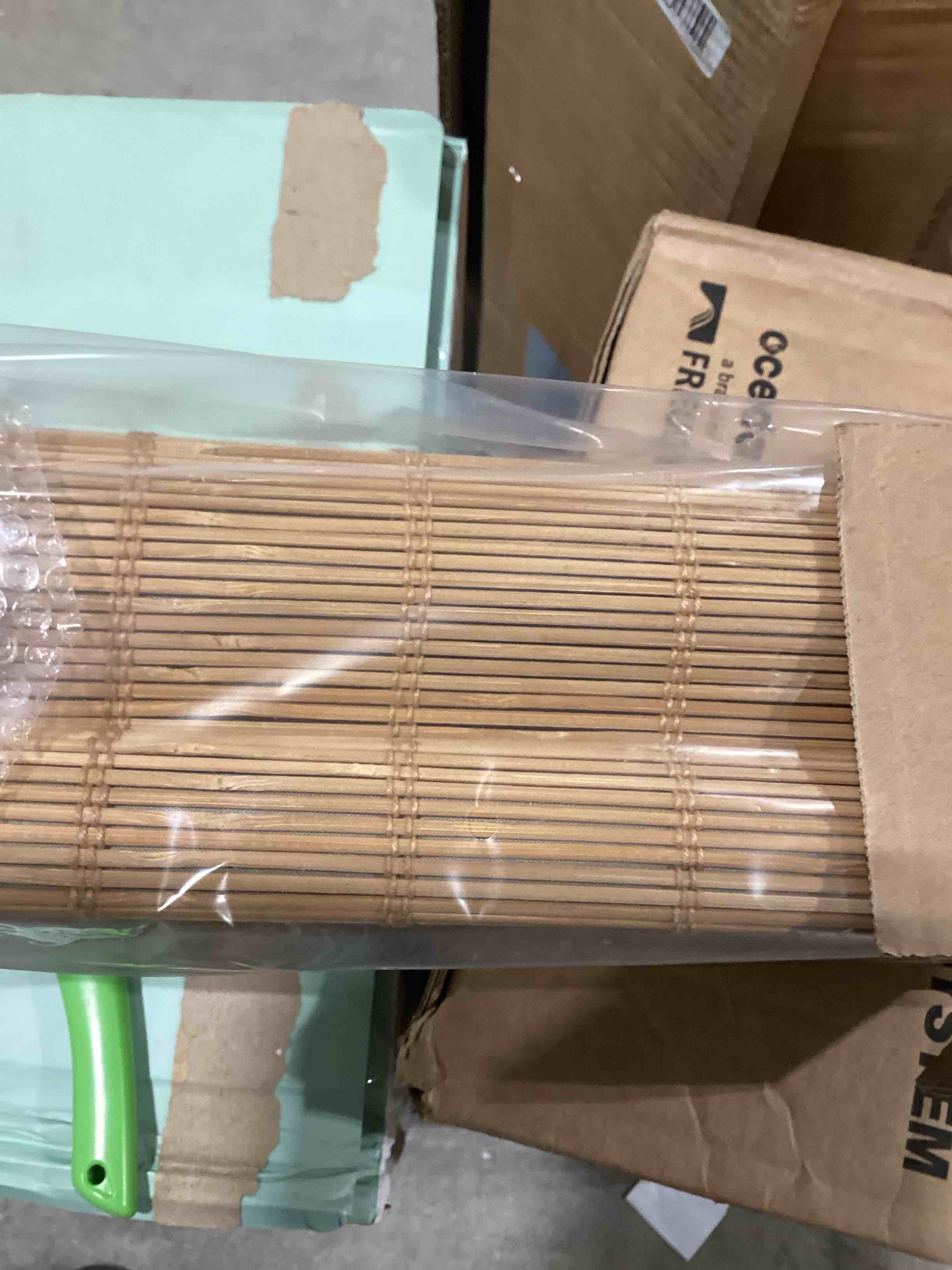 Condition photo showing New/Like New for lazblinds cordless blackout bamboo roman shades, room darkening blinds for interior windows, thermal insulated roll up bamboo blinds for home & patio, 20" w x 64" h, papara carbon blackout - papara carbon 20" w x 64" h