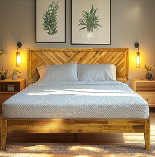 acacia aurora premium solid wood platform bed frame and high headboard, king bed frame with headboard included, mid century modern bed with 5 years warranty